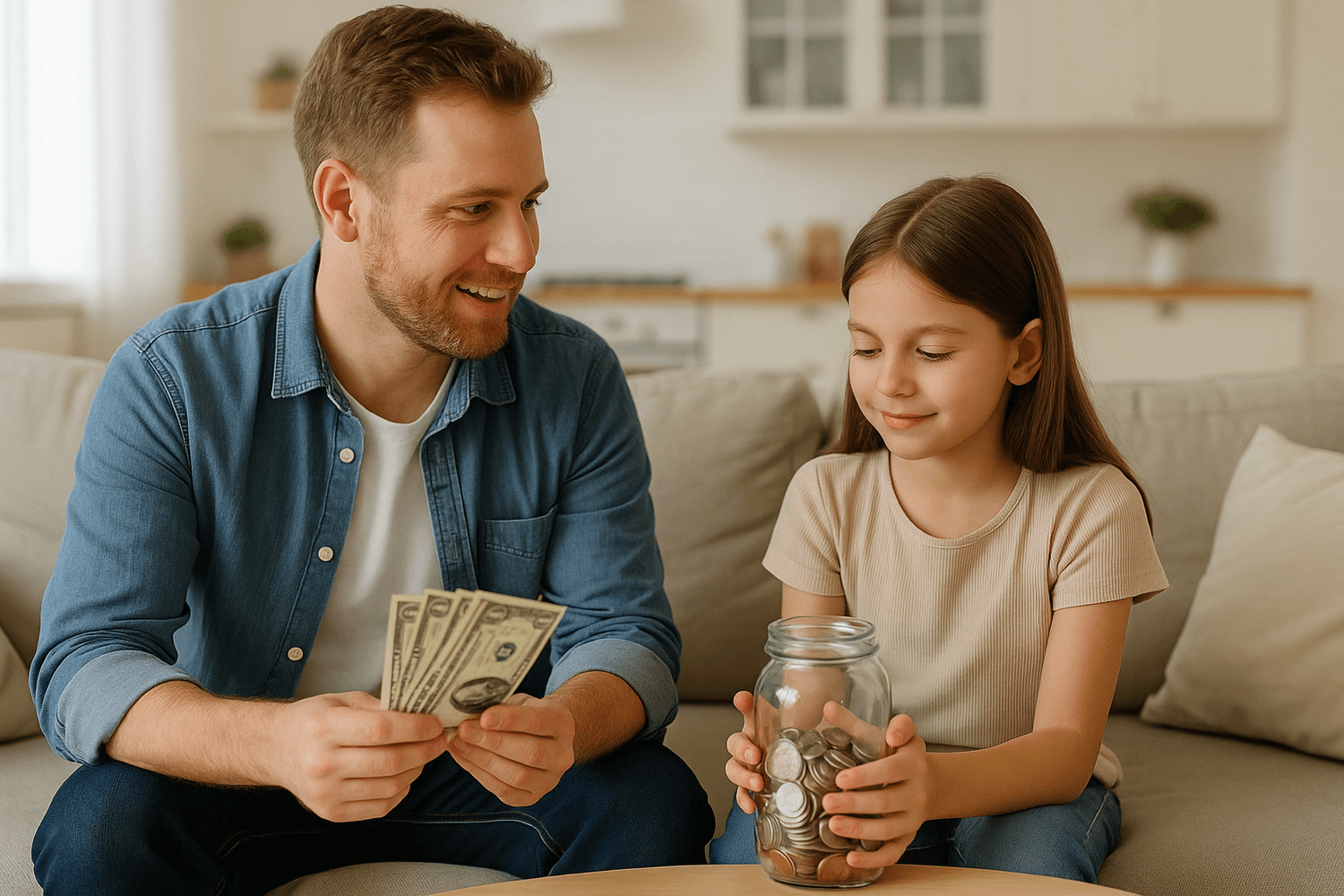 A father and daughter sit on a couch counting money together, with the girl holding a jar of coins, symbolizing teaching kids about saving and financial responsibility.