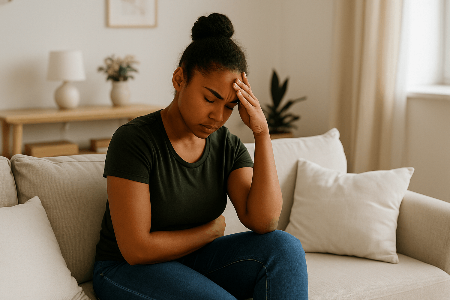 A woman sits on a couch holding her head and stomach, appearing stressed or unwell, representing financial anxiety, overwhelm, or emotional fatigue.