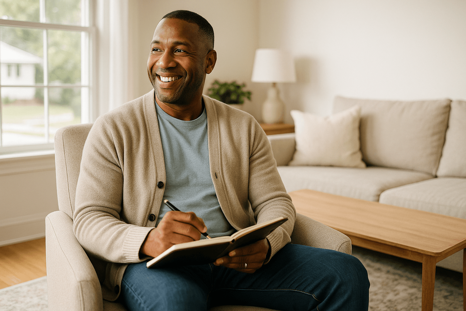 A smiling man sits comfortably with a notebook in hand, writing and reflecting, symbolizing confidence, gratitude, and progress in personal or financial goals.