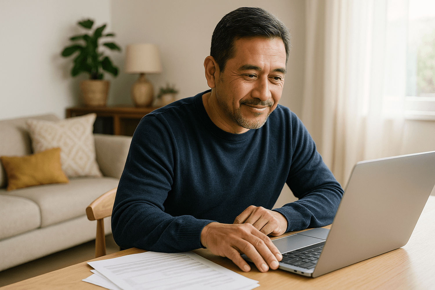 A man smiles while working on a laptop at home with financial documents on the table, symbolizing successful money management or achieving financial stability.