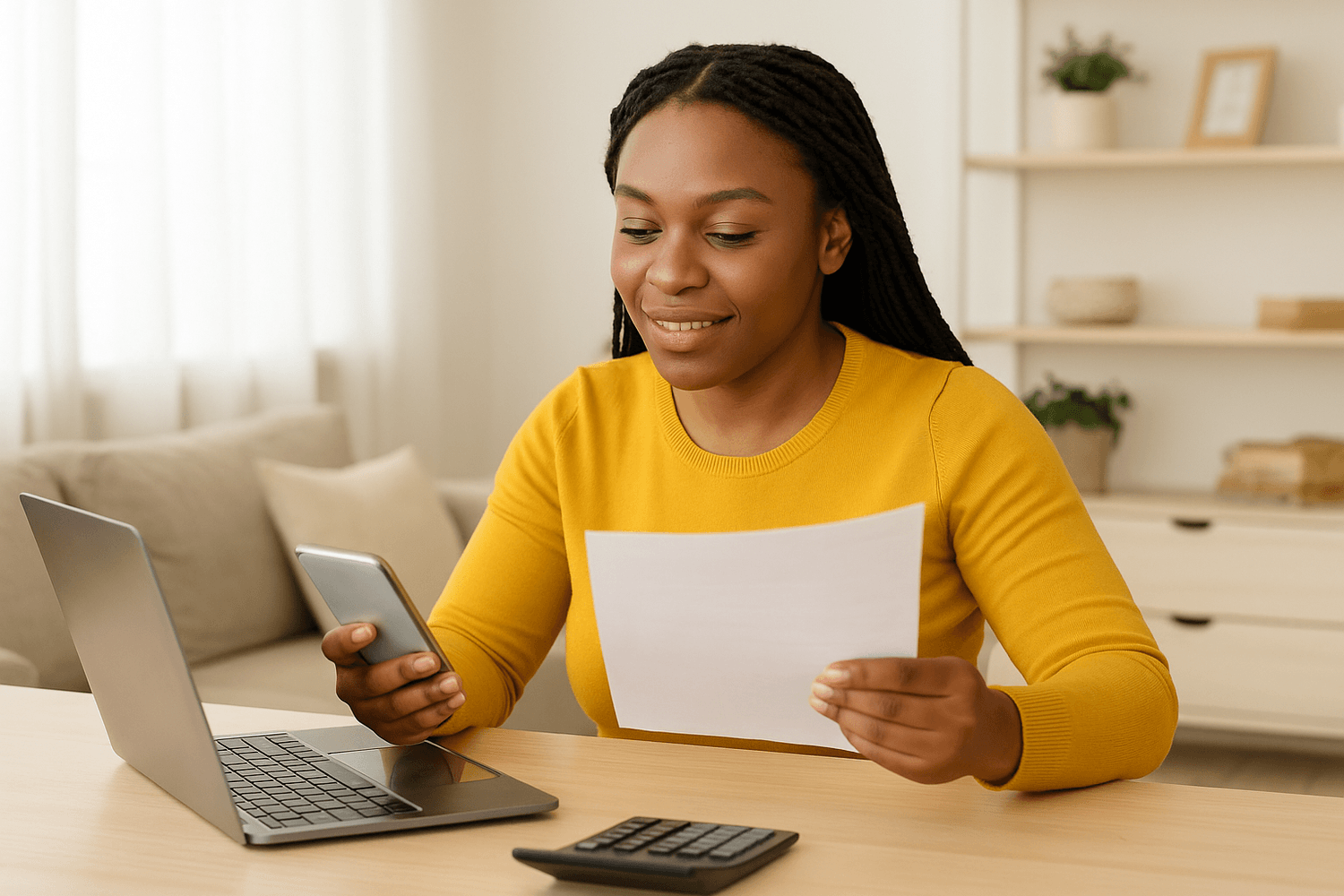 A woman in a yellow sweater reviews financial documents while using her phone and laptop at home, representing online budgeting, bill payments, or managing personal finances.