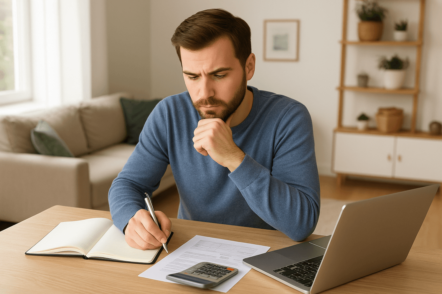 A man sits at a desk with a laptop, notebook, and calculator, concentrating on his finances and writing notes while reviewing documents at home.