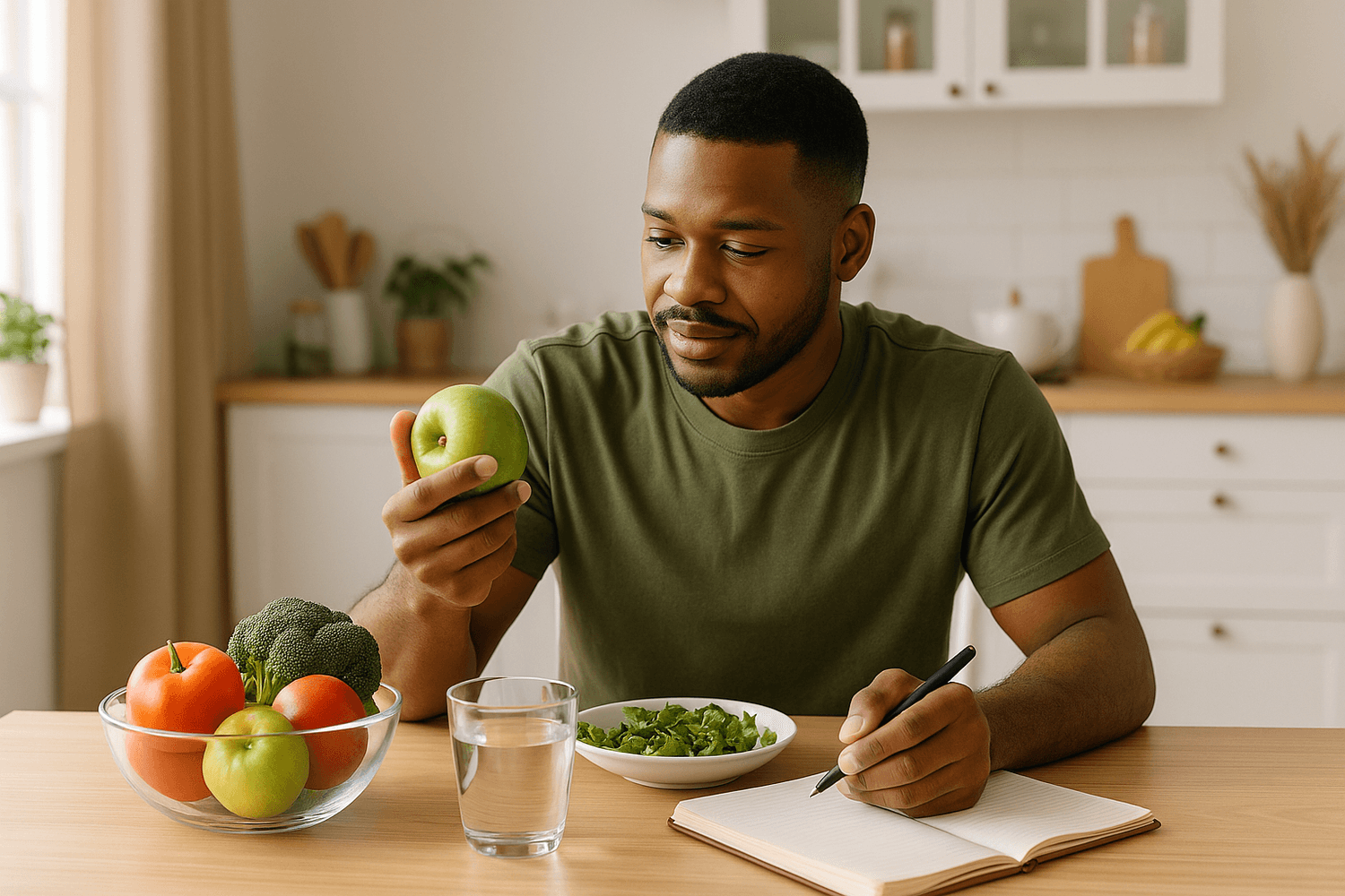 A man sits at a kitchen table holding a green apple while writing in a notebook, surrounded by fresh fruits, vegetables, and a glass of water, representing healthy eating and mindful planning.