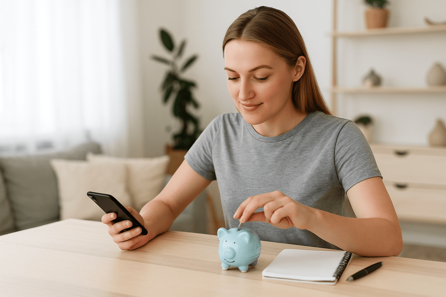 A woman sits at a table using her phone while placing a coin into a blue piggy bank, symbolizing saving money, budgeting, and building financial habits.
