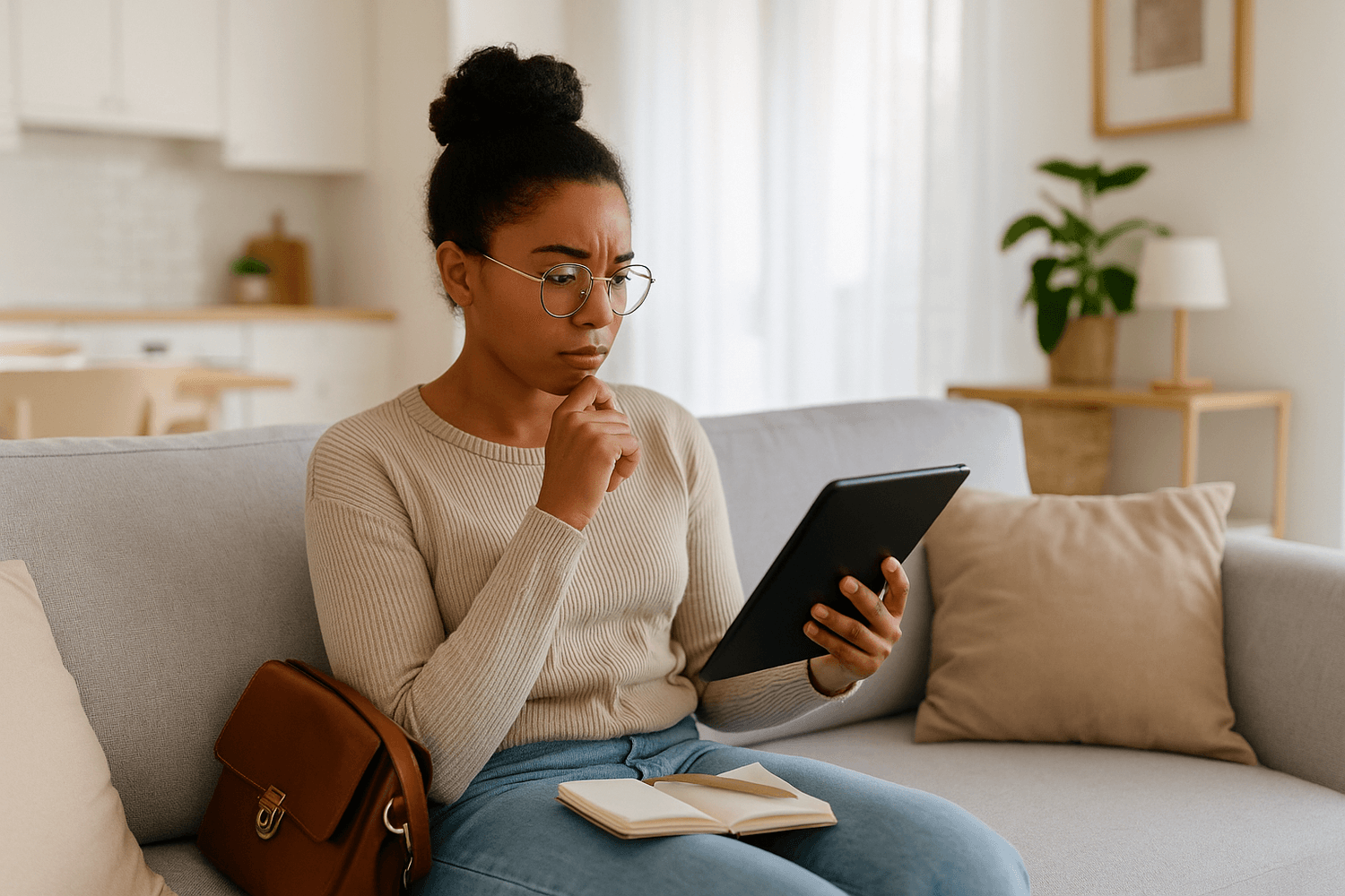 A woman with glasses sits on a couch thoughtfully looking at a tablet, with a notebook and purse beside her, representing online research, financial planning, or decision-making.