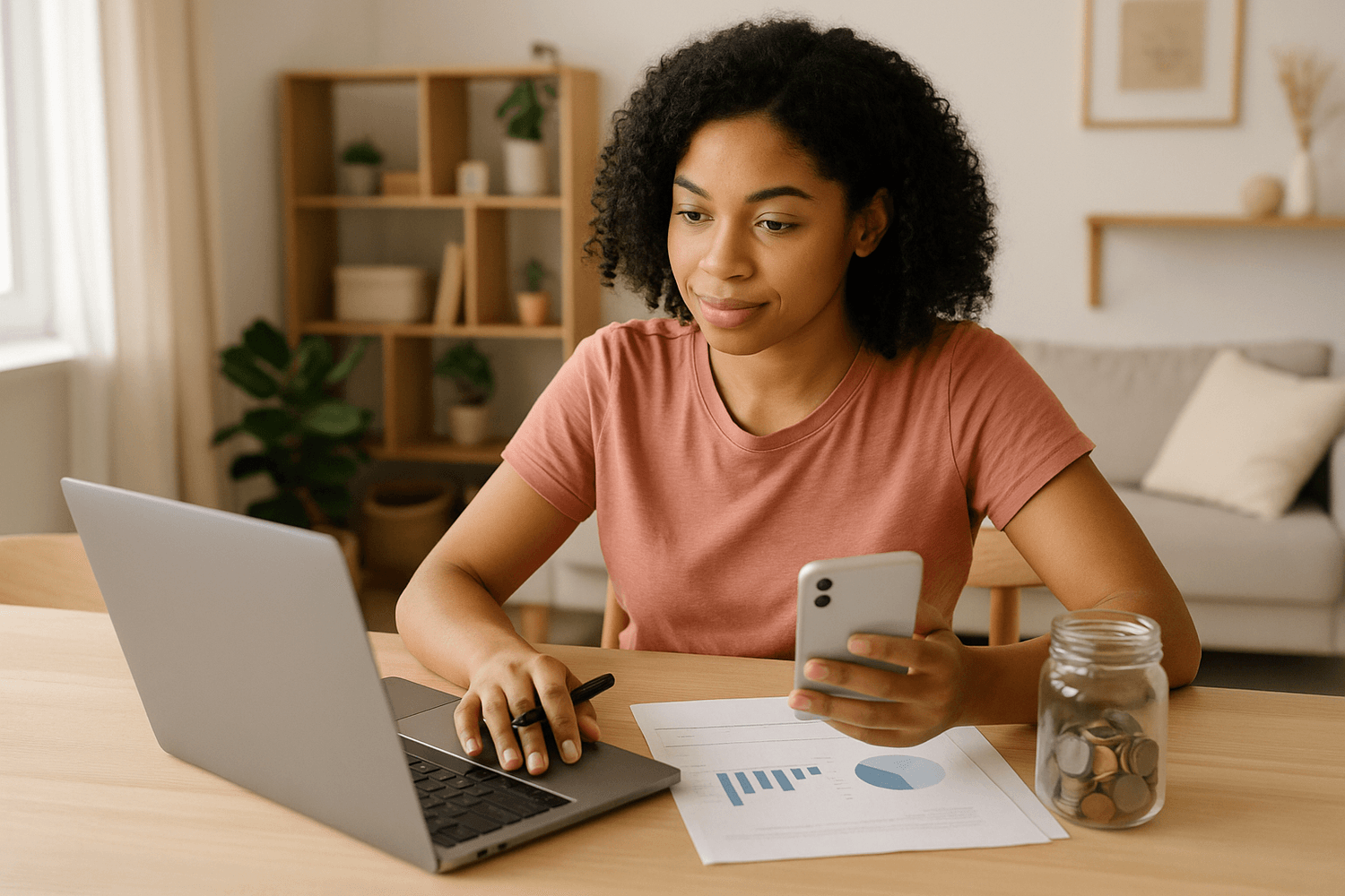 A woman uses her phone and laptop while reviewing charts at a desk with a jar of coins, representing budgeting, savings tracking, or online financial planning.
