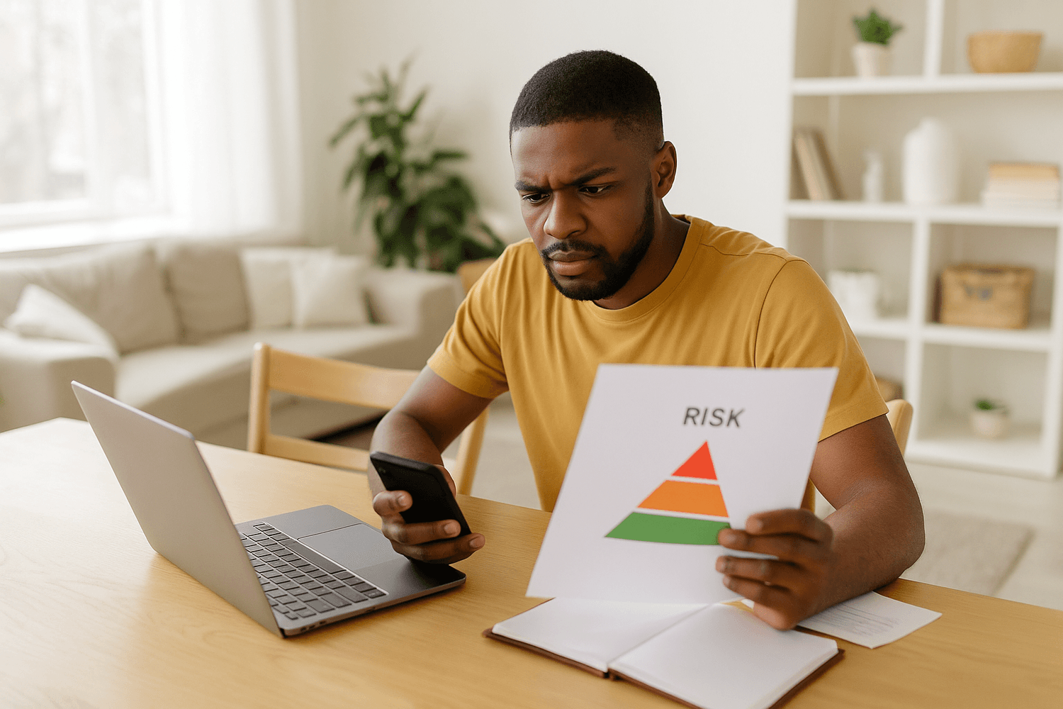 A man looks concerned while reviewing a risk assessment chart and checking his phone, representing investment risk analysis or financial decision-making.