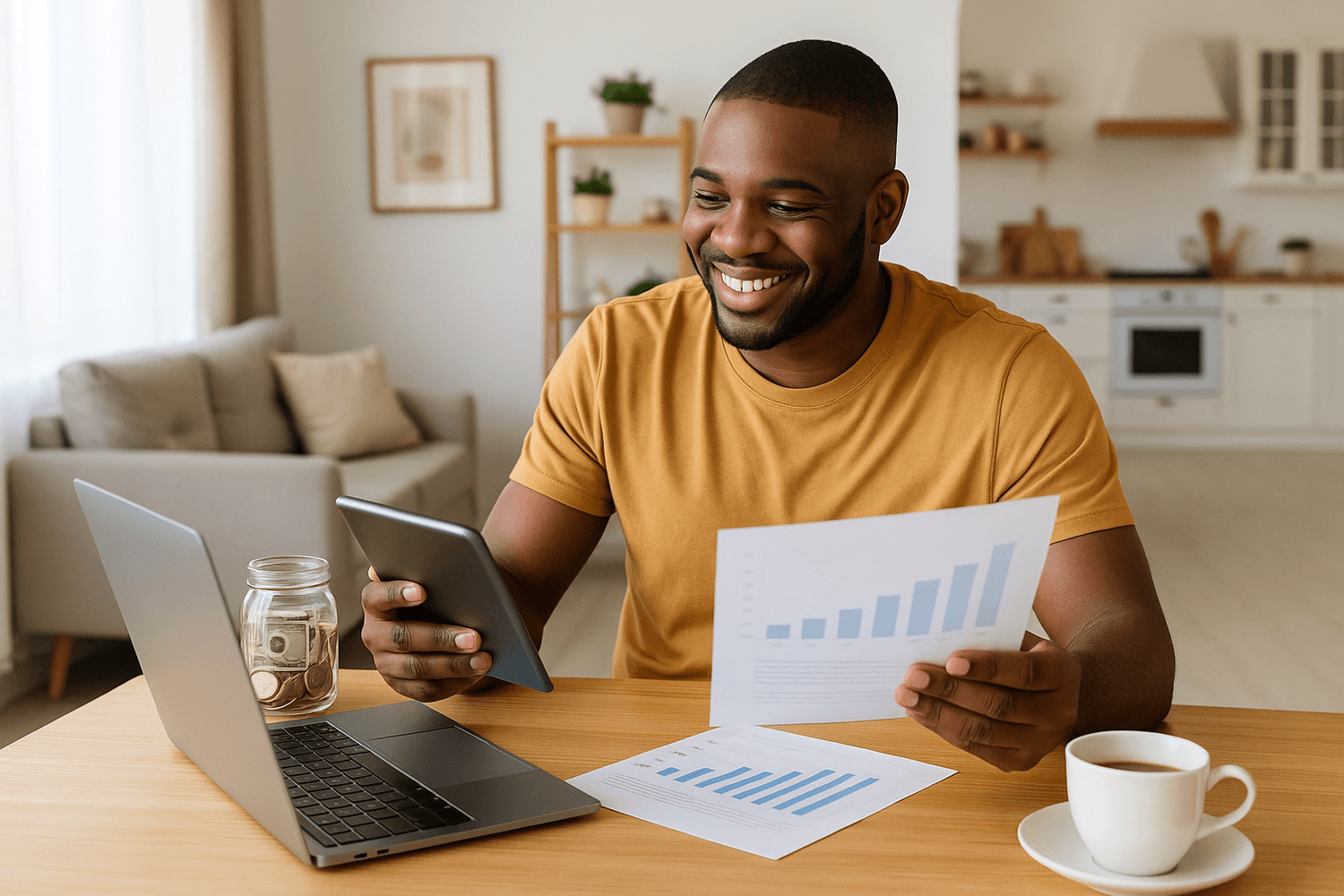 A smiling man reviews financial growth charts at home with a laptop, tablet, and coffee, representing investment success or financial planning progress.