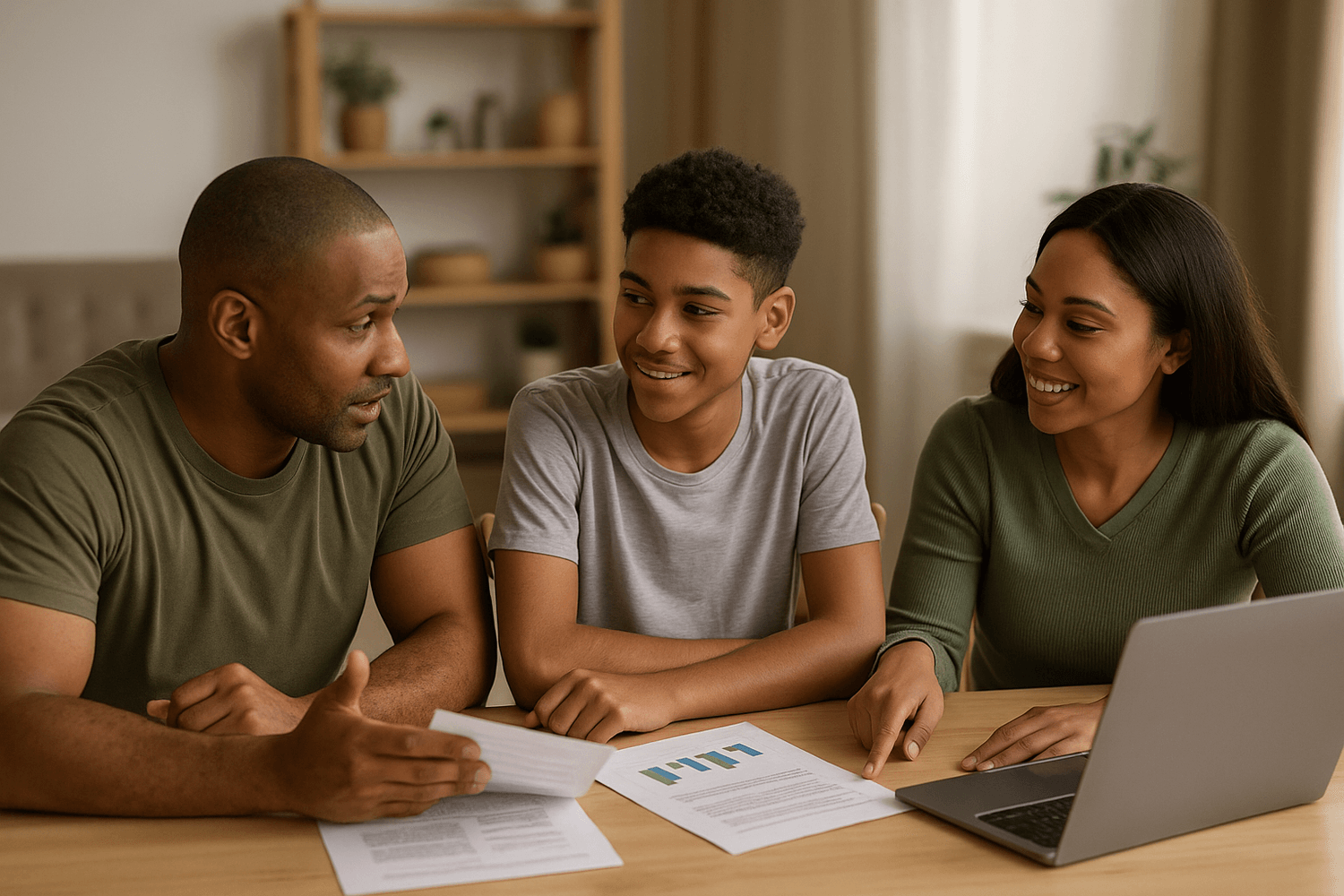 A family sits at a table smiling and discussing financial documents together, with charts and a laptop in front of them, representing parents teaching their teenage child about budgeting and money management.