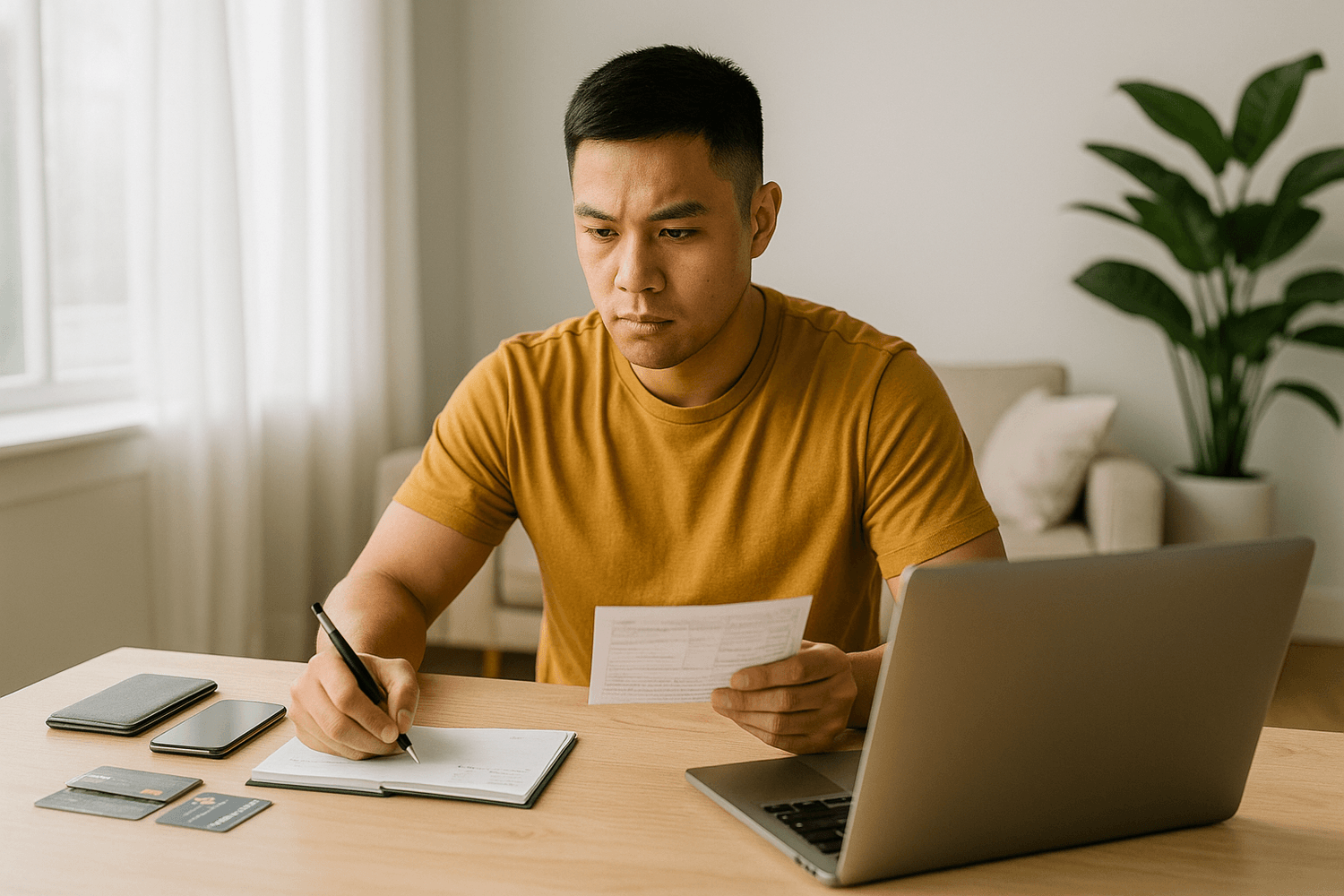 A focused man sits at a desk with a laptop, writing notes and reviewing financial documents while managing bills and credit cards.