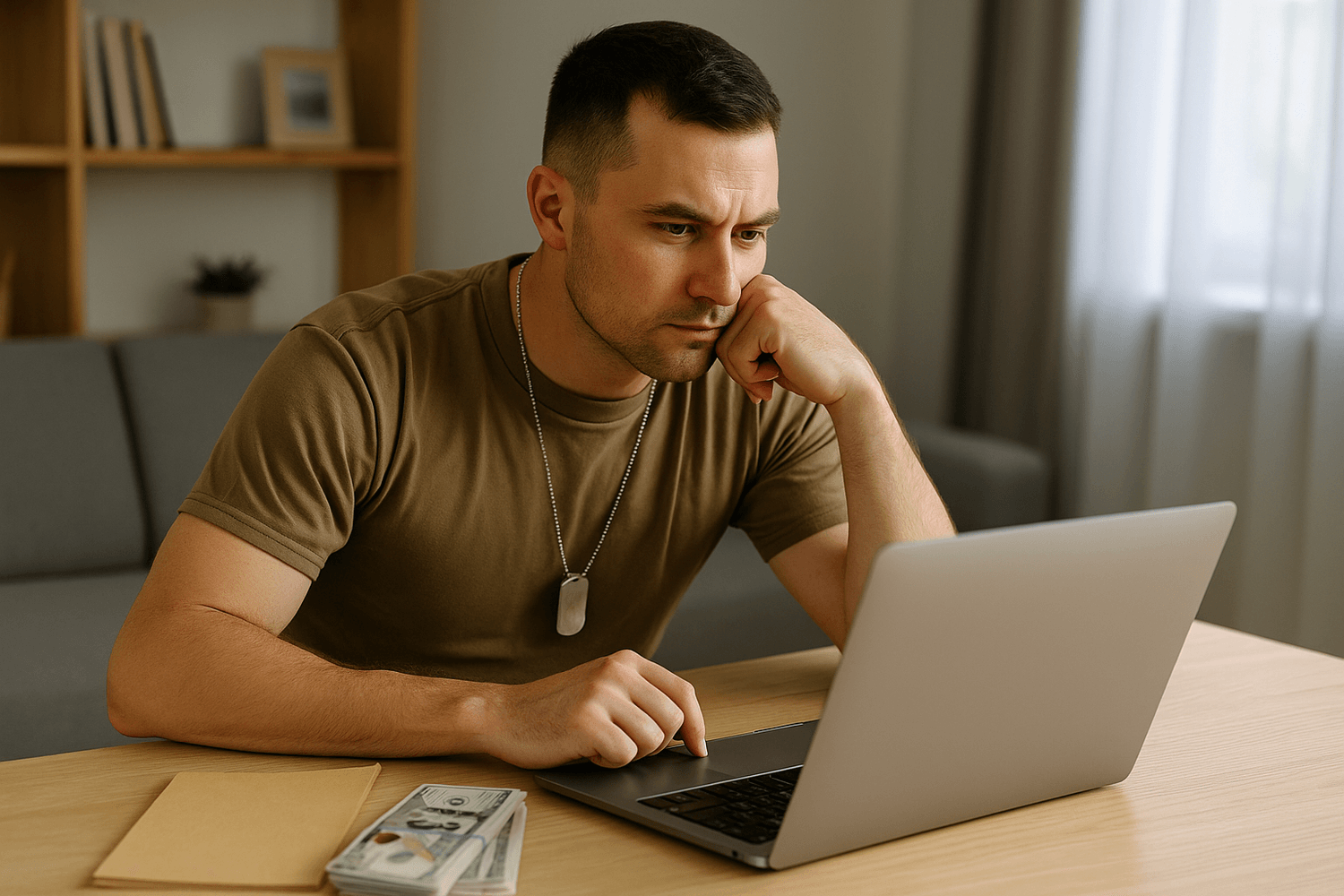 A focused man in a brown shirt with military dog tags works on a laptop at a desk with cash and an envelope nearby, concentrating on financial planning.