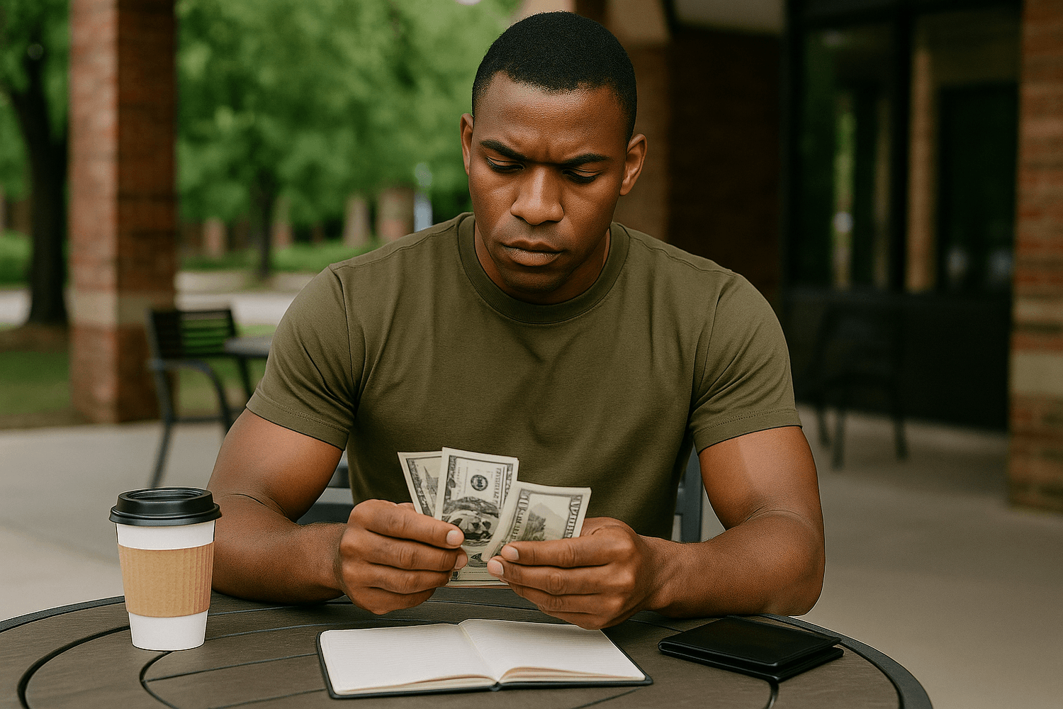 A man in an olive green shirt sits outdoors at a table counting cash with a notebook, phone, and coffee cup nearby, representing budgeting or managing personal finances.