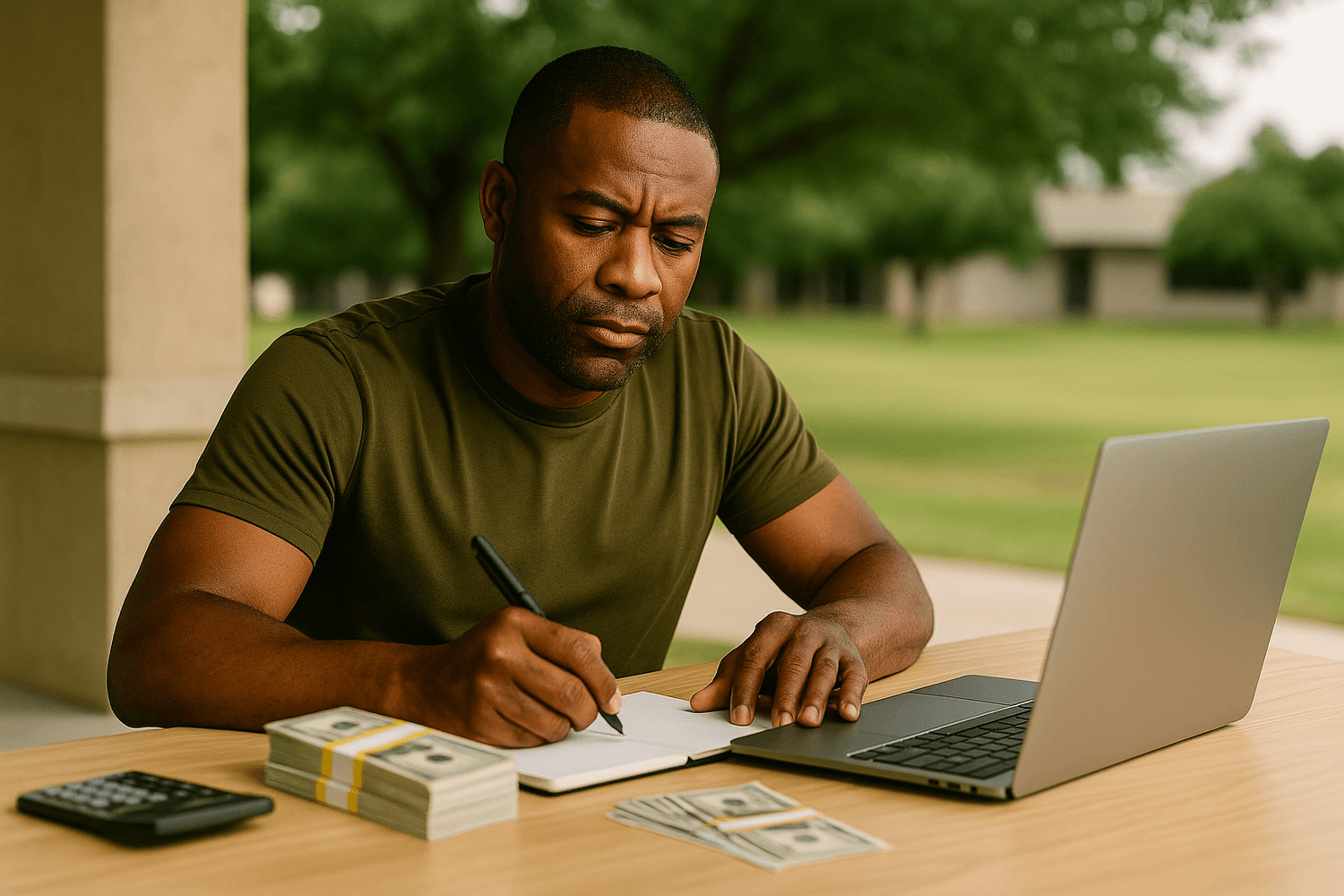 A man in an olive green shirt sits outdoors at a table, writing in a notebook beside a laptop and stacks of cash, representing financial planning, investing, or budgeting.