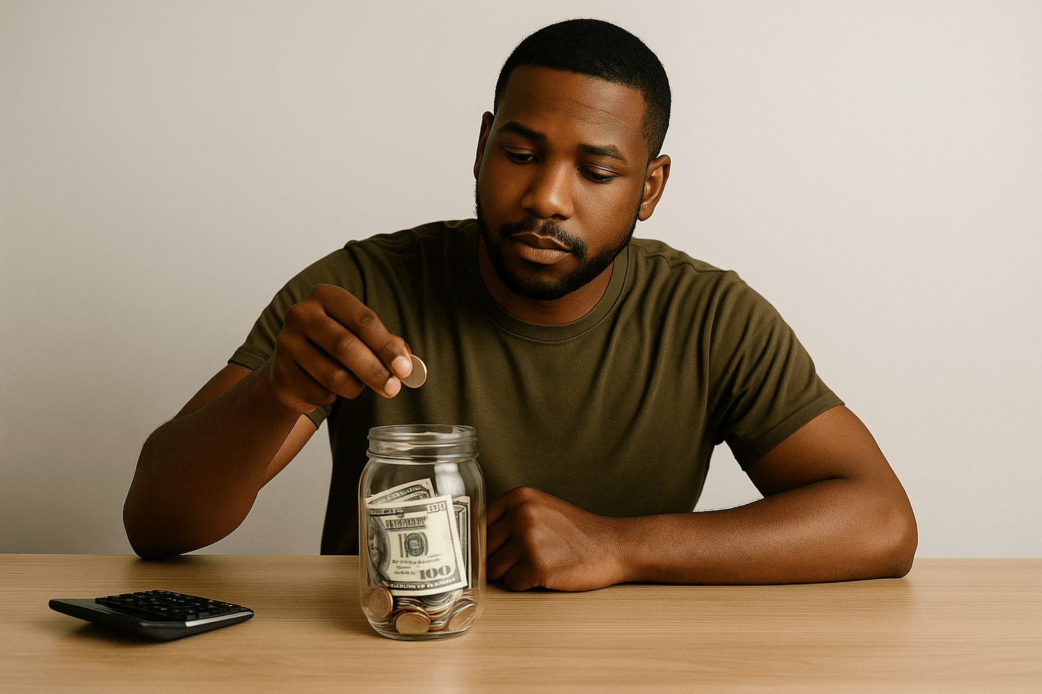 A man in an olive green shirt saves money by placing a coin into a glass jar filled with cash and coins on a desk with a calculator, symbolizing budgeting, saving habits, and financial discipline.