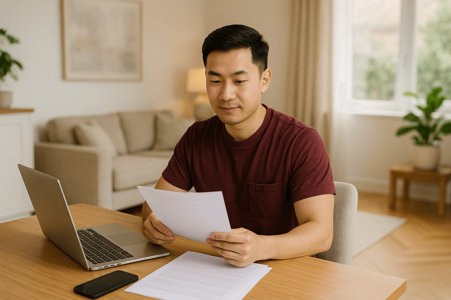 A man in a maroon shirt sits at a desk reviewing financial documents next to a laptop, symbolizing budgeting, financial planning, or managing personal finances from home.