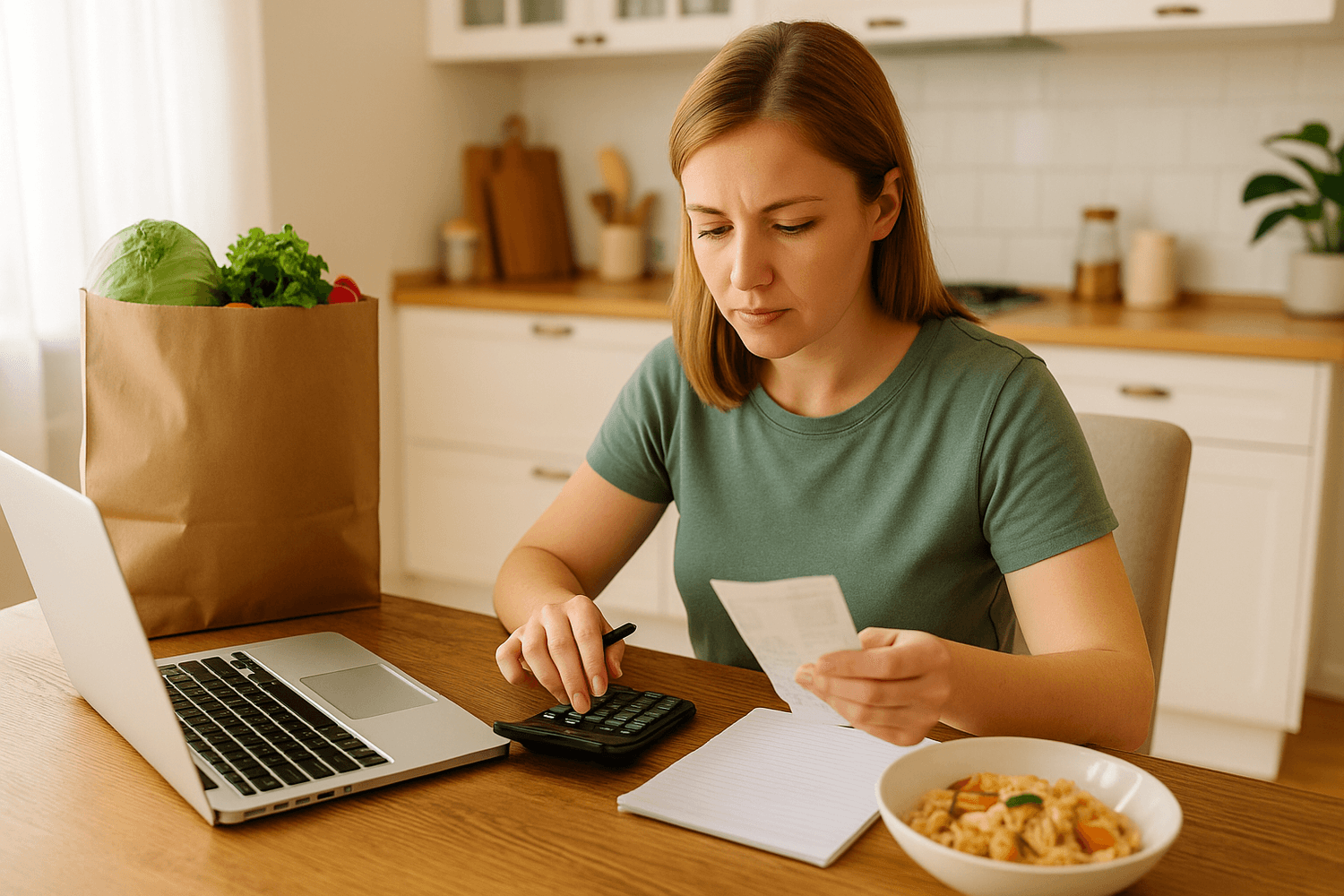 A woman sitting at her kitchen table reviewing a grocery receipt and using a calculator beside her laptop, representing food budgeting and expense tracking at home.