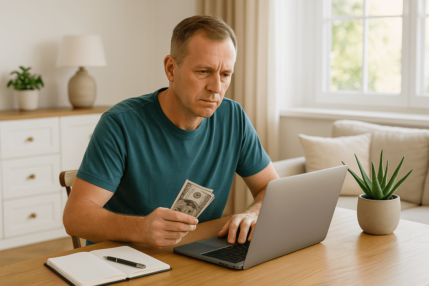 A man sitting at a table holding cash and looking at his laptop with a serious expression, representing financial planning, online banking, or managing personal savings.