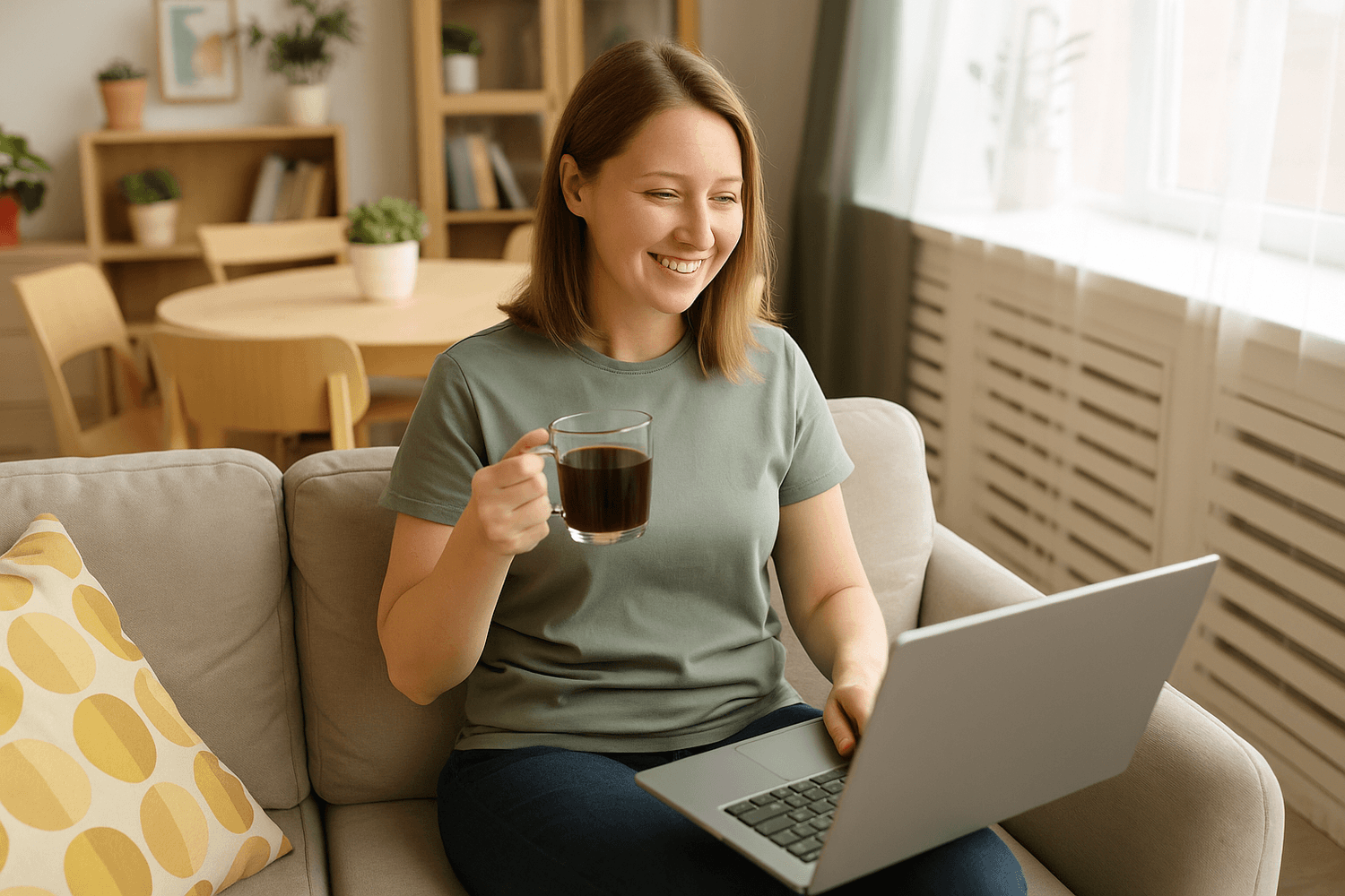 A smiling woman sitting on a couch holding a cup of coffee and using her laptop, representing relaxed remote work, online learning, or managing finances from home.