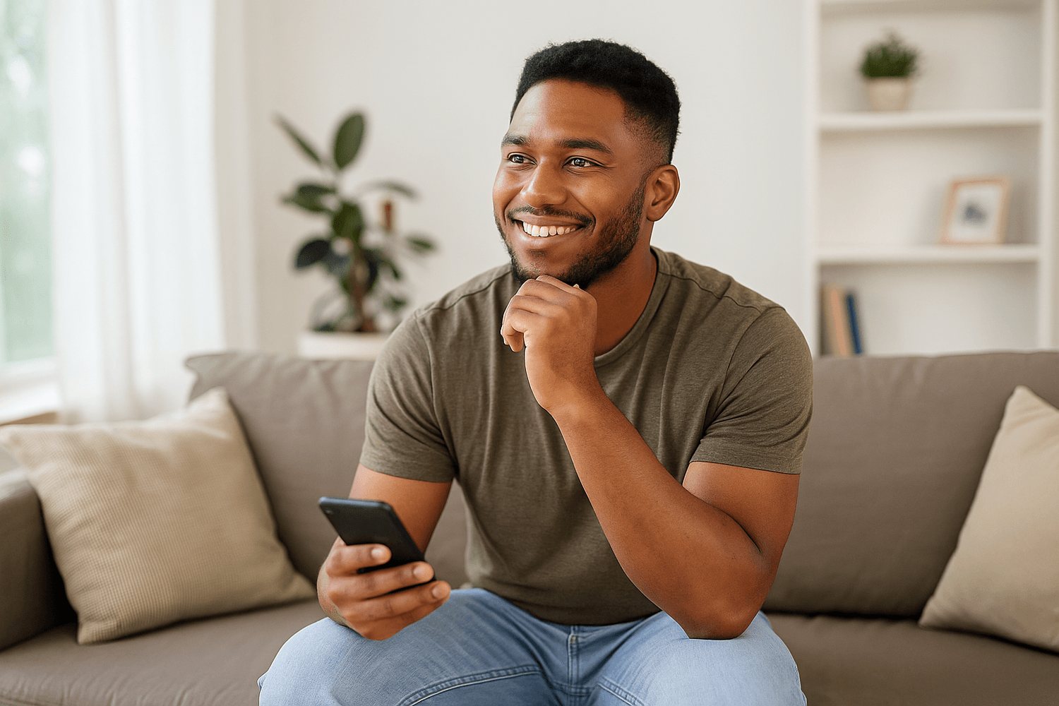 A smiling man sitting on a couch holding a smartphone, appearing thoughtful and motivated, representing confidence in financial progress or using budgeting apps to plan goals.