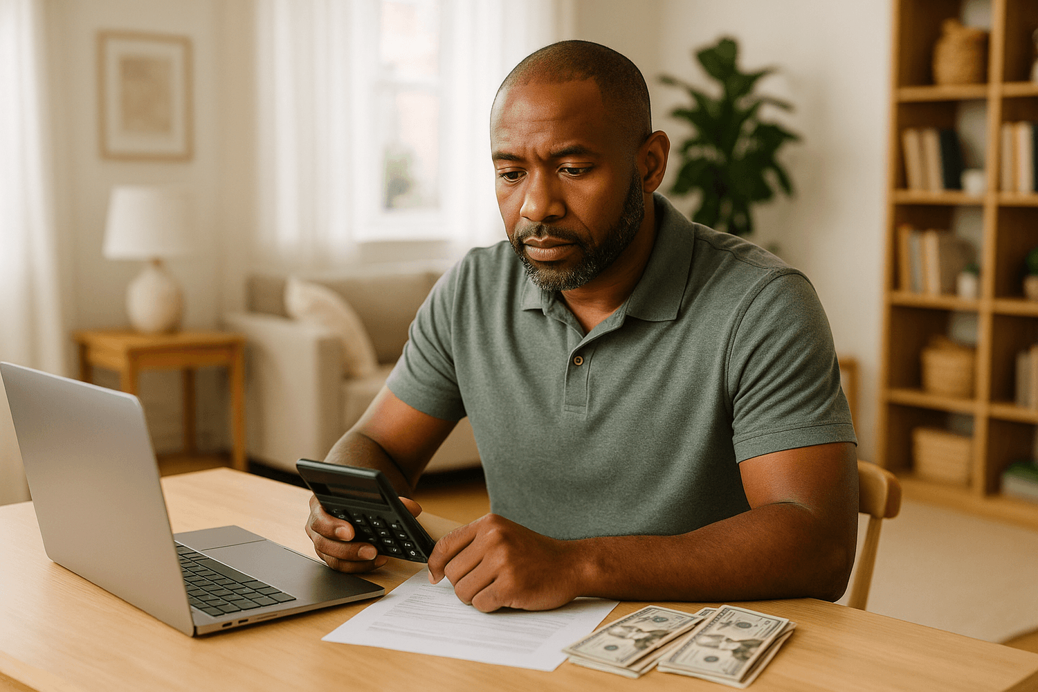 A man sitting at a table using a calculator with cash, papers, and a laptop in front of him, focused on managing his personal finances and budgeting at home.