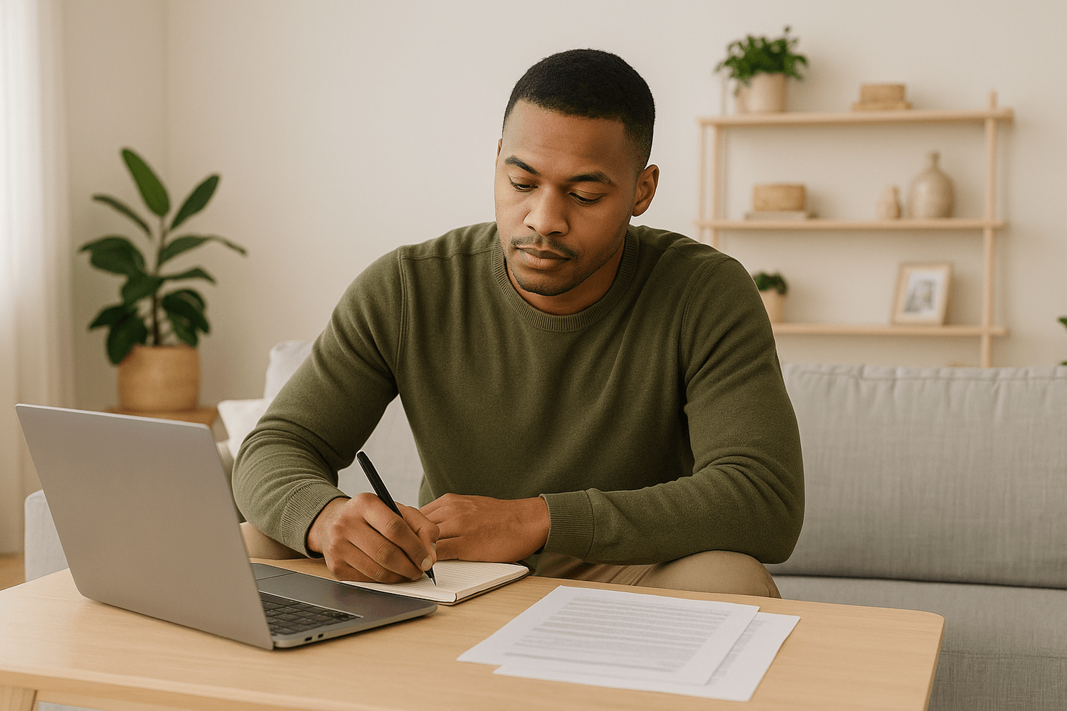 A man sitting at a desk writing notes in a notebook beside a laptop and documents, focusing on personal budgeting and financial planning at home.