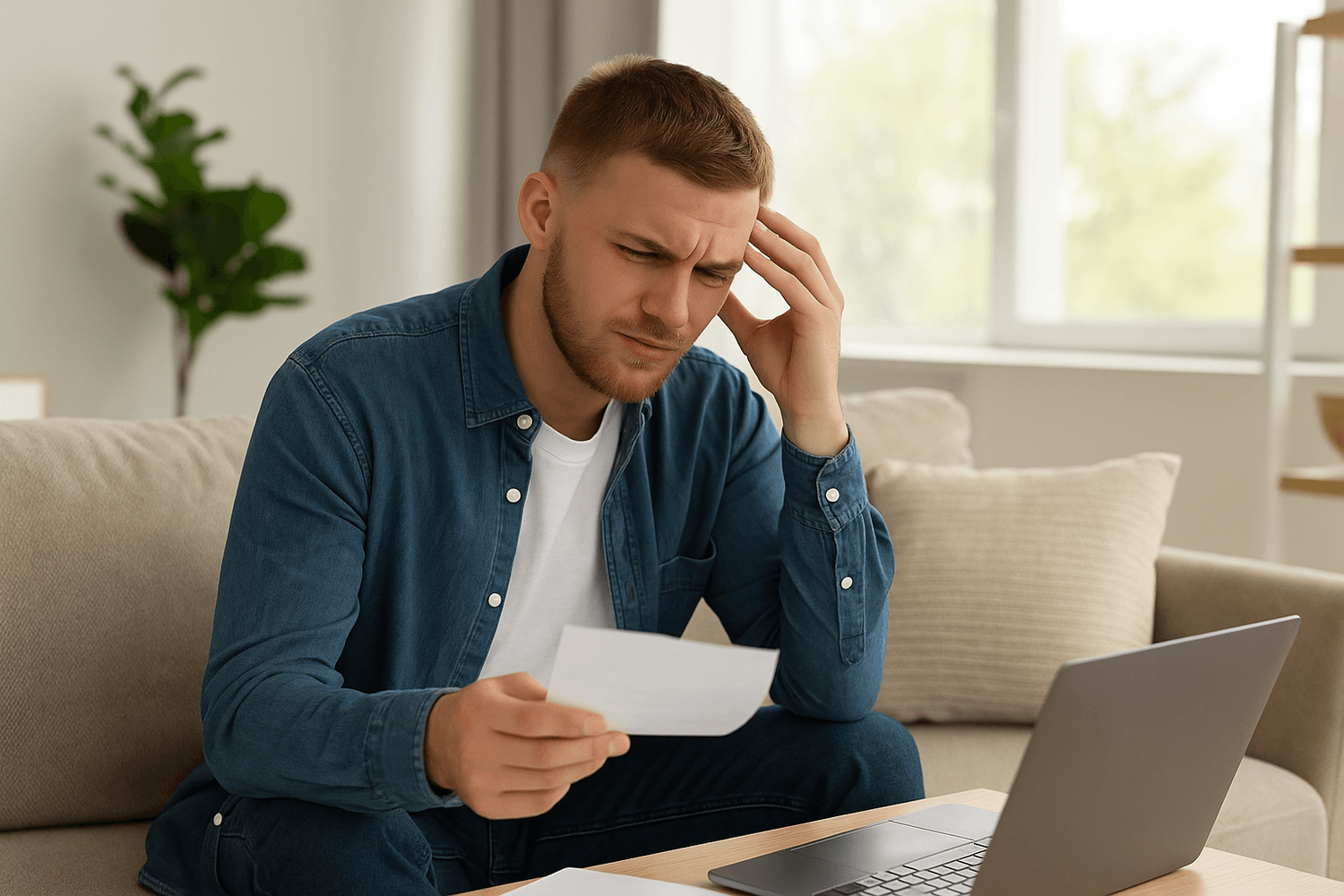 A man sitting on a couch looking frustrated while reviewing a bill or financial document in front of his laptop, representing money stress or financial planning concerns.