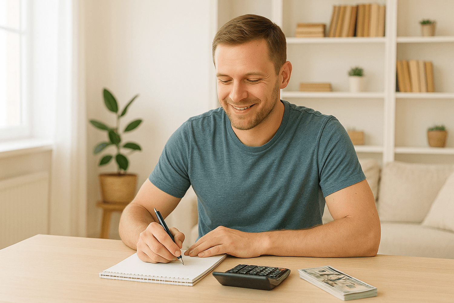A smiling man writing financial plans in a notebook with cash and a calculator on the table, representing budgeting, saving, and positive money management habits.