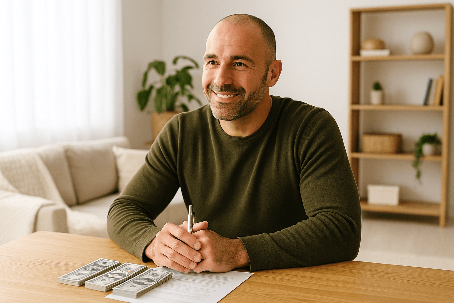 A smiling man sitting at a desk with stacks of cash and documents, representing financial confidence, smart investing, and money management success.