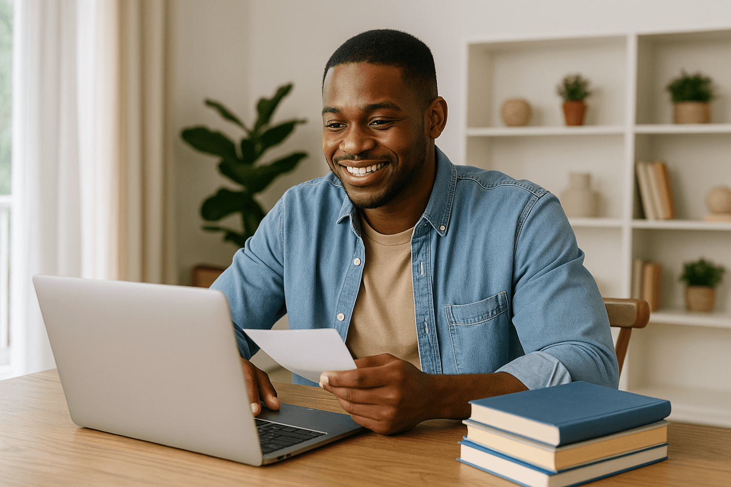 A smiling man using a laptop while holding a piece of paper, symbolizing successful financial planning, online budgeting, and managing money with confidence.