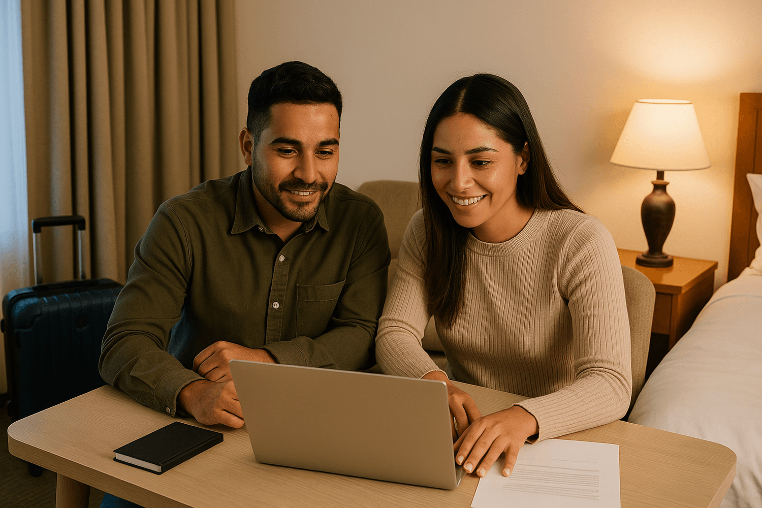 A smiling couple sitting at a desk in a cozy room with a laptop, suitcase, and paperwork, planning finances or travel expenses together.