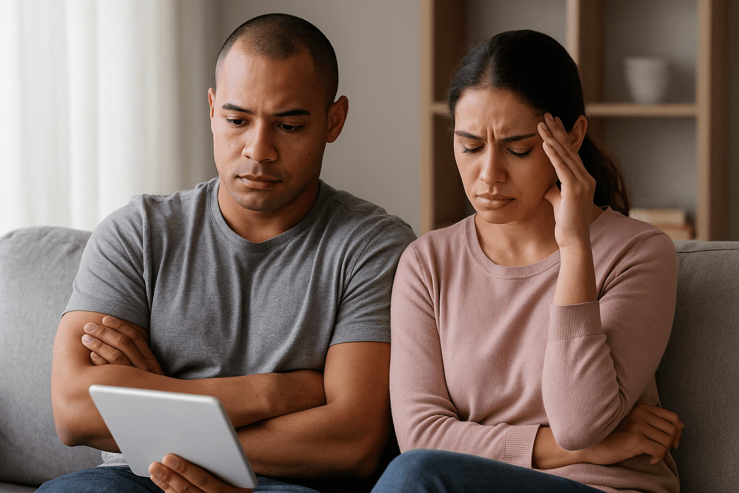 A worried couple sitting on a couch looking at a tablet, appearing stressed while reviewing financial or personal information at home.