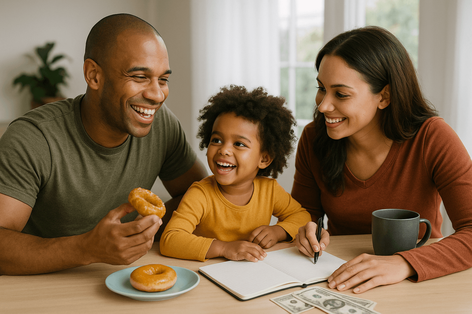 A happy family enjoying breakfast together while planning finances, with a notebook, money, and donuts on the table.