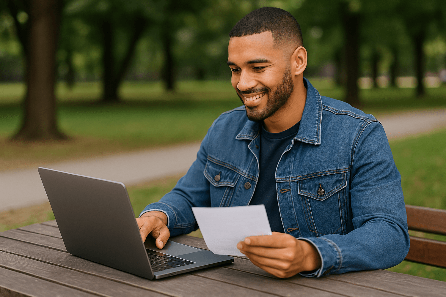 A smiling man sitting outdoors at a park table using a laptop and holding a document, working remotely or managing finances.