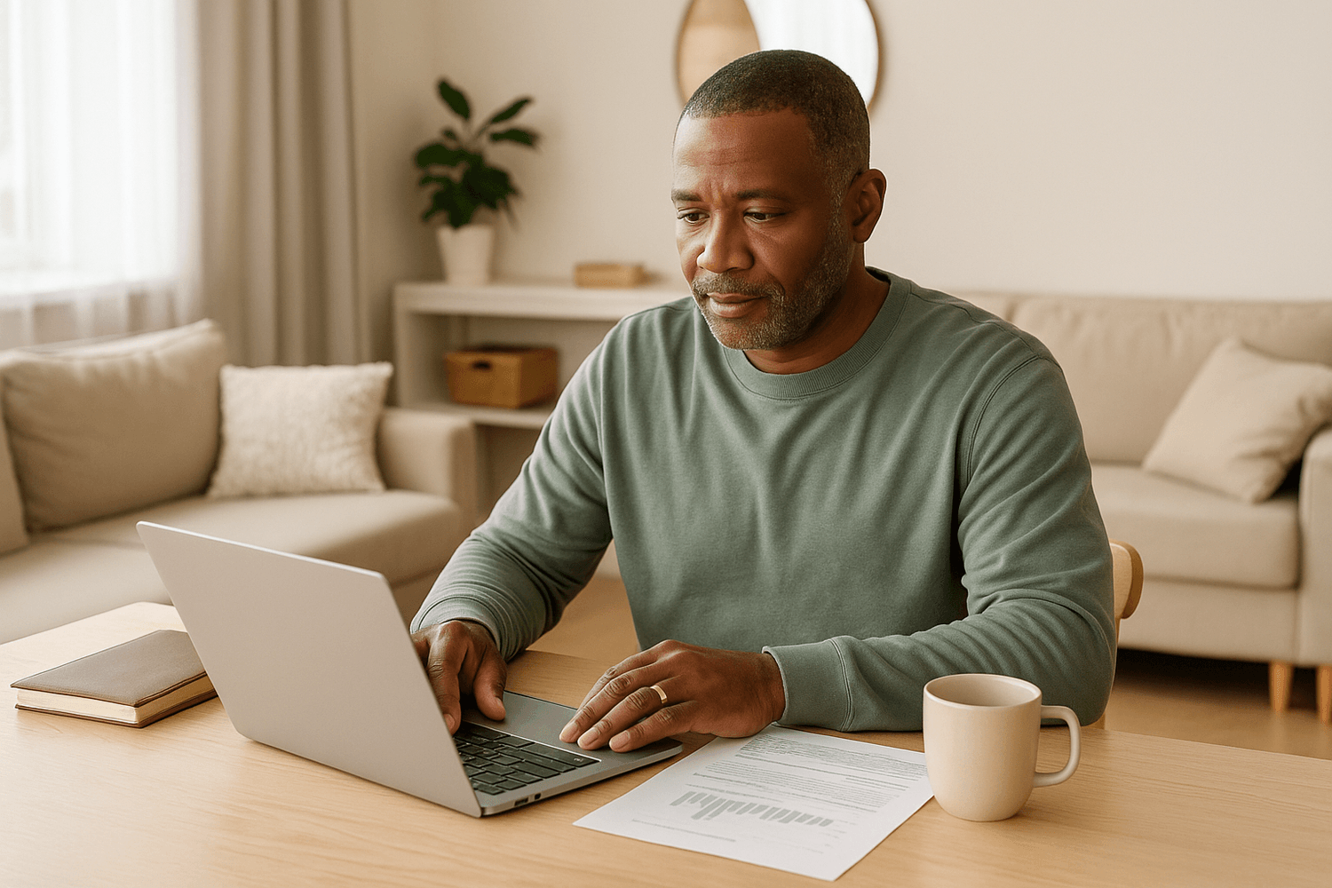 A mature man working on a laptop at a wooden table with financial documents and a coffee mug, focused on managing personal finances at home.