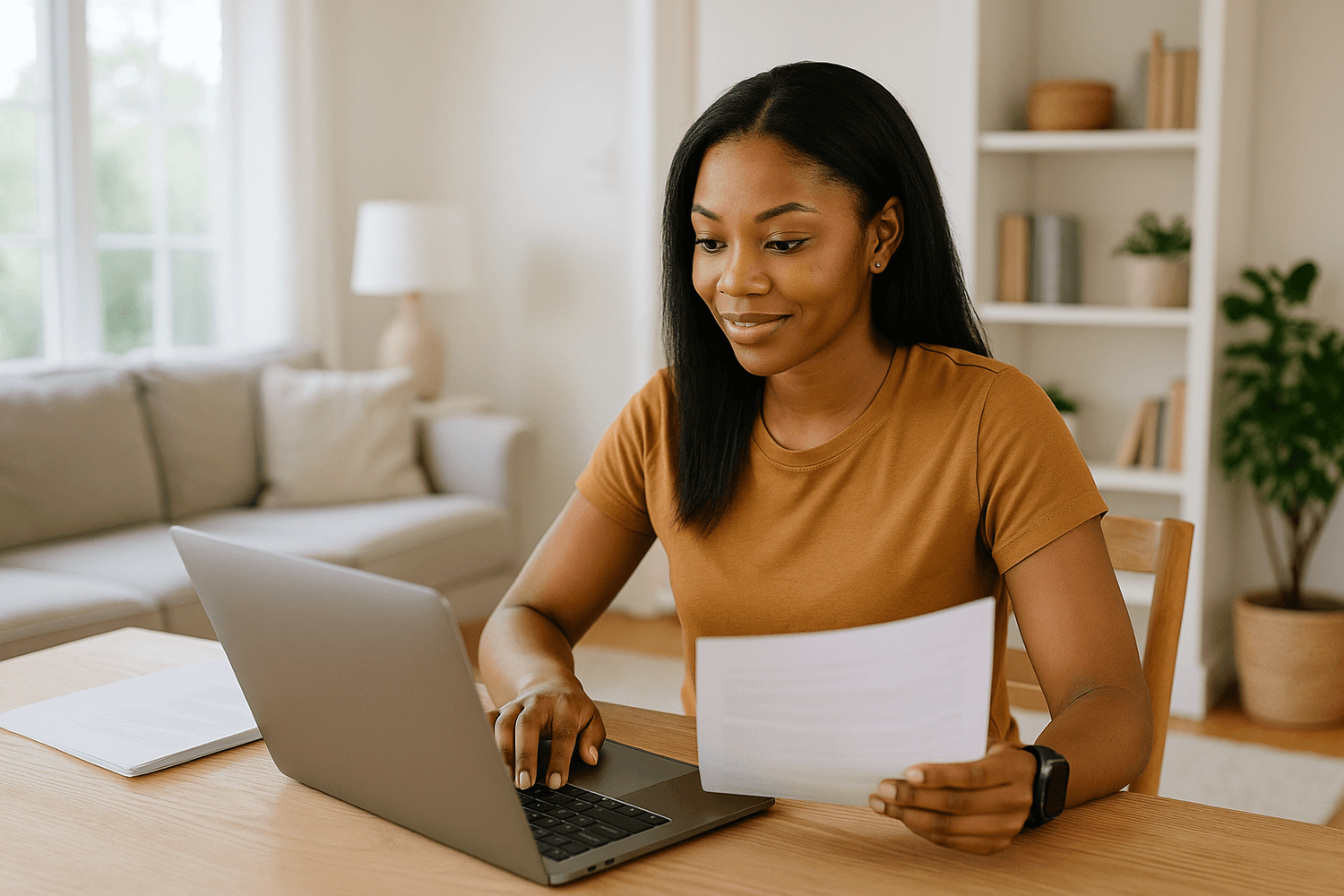 A woman sitting at a desk using a laptop and holding a document, smiling as she reviews information in a bright home office setting.