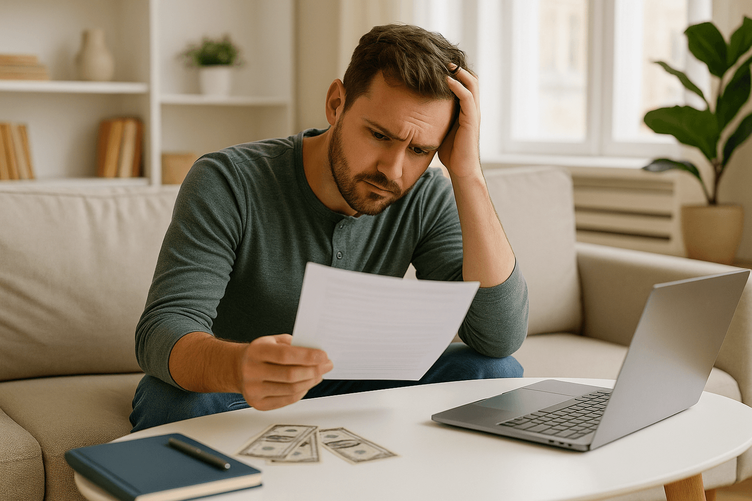 A man sitting on a couch looking worried while reading a bill or financial document, with a laptop and cash on the table in front of him.