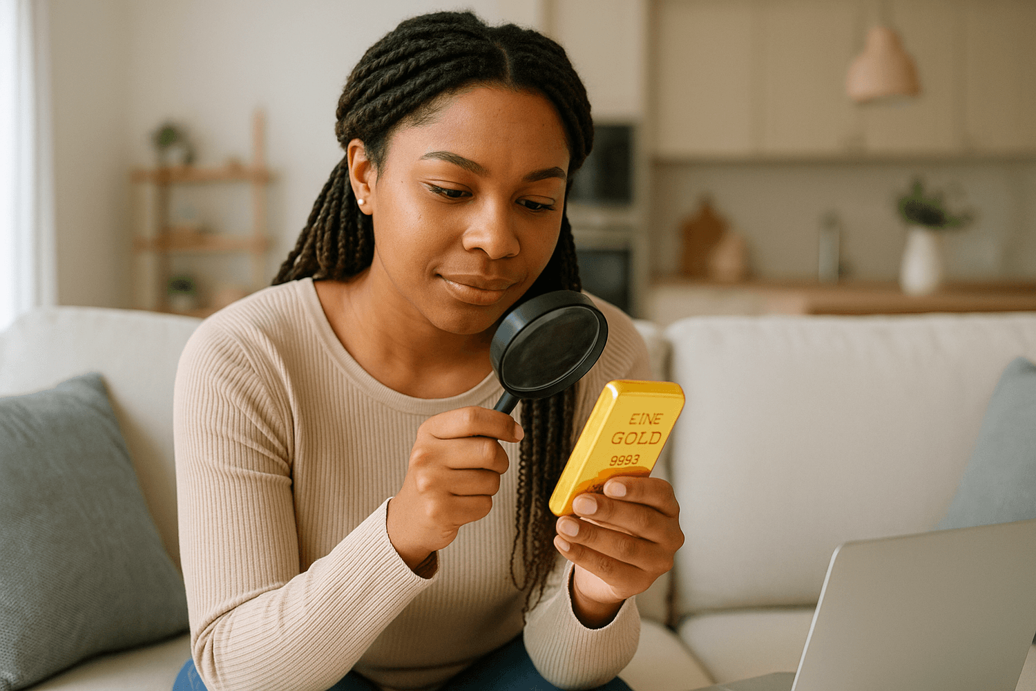 A smiling man sitting comfortably in a living room, writing in a notebook while looking out the window, appearing thoughtful and content.