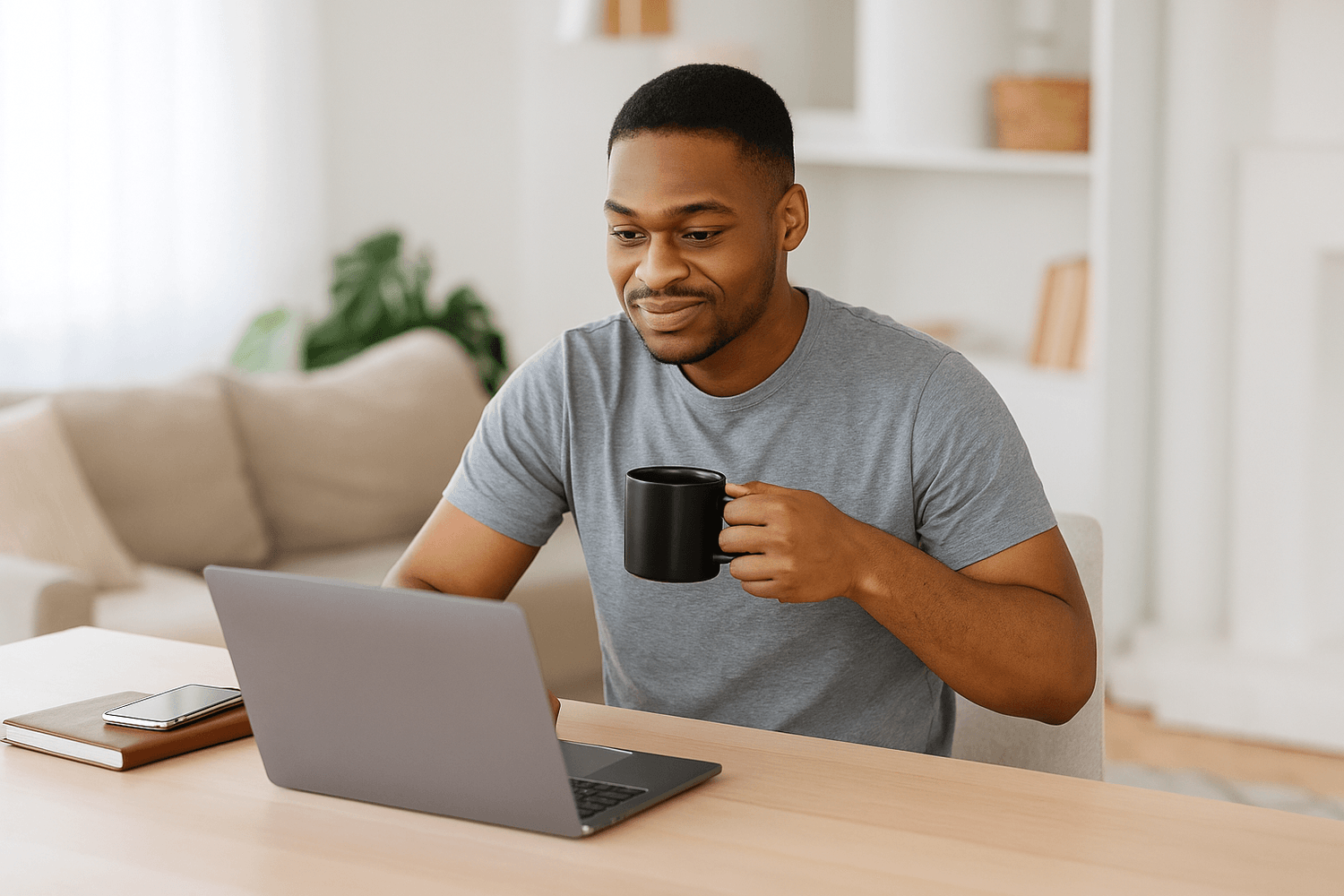A man sitting at a desk with a laptop, smiling while holding a coffee mug, appearing relaxed and focused during remote work or online learning.
