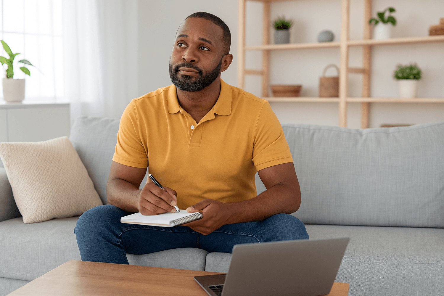 A man sitting on a couch with a notebook and pen, thoughtfully planning finances while using a laptop at home.