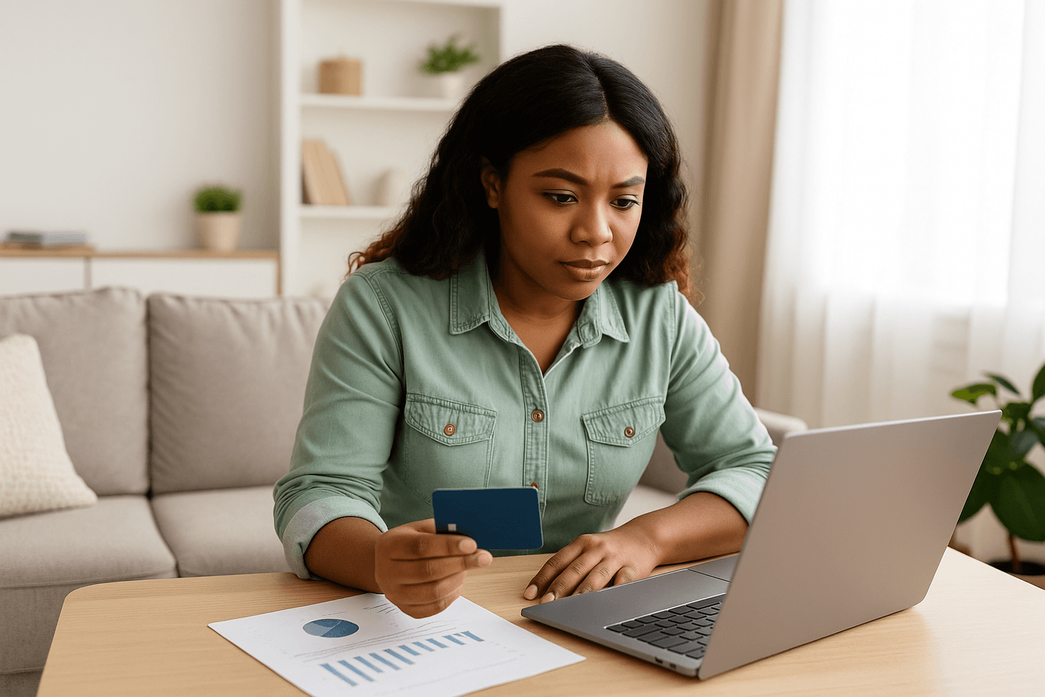Woman looking concerned while checking her laptop and holding a credit card, with financial charts on the table.