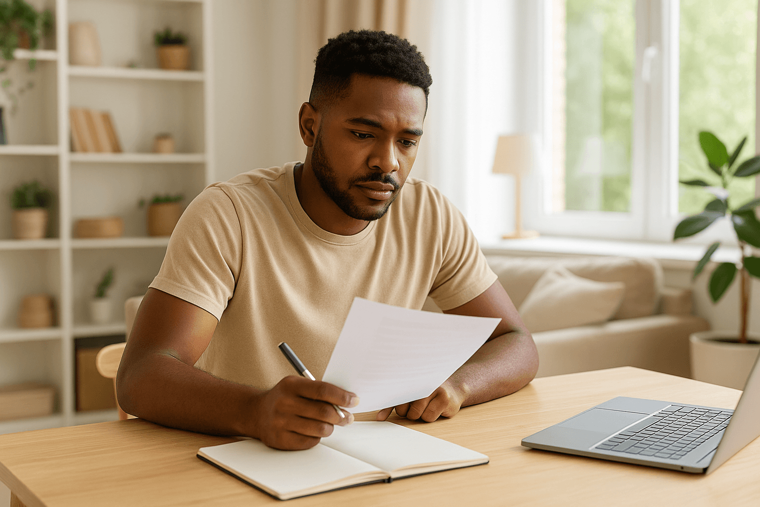 Young man sitting at a desk reviewing financial paperwork and taking notes, focusing on budgeting and planning his money.