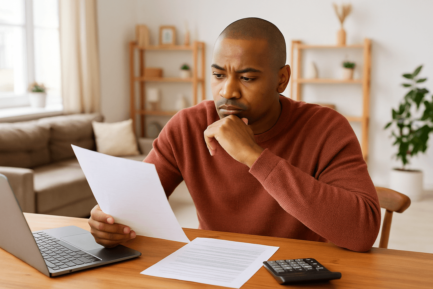 Soldier reviewing paperwork at home while budgeting on a laptop, focusing on expenses and planning smarter money moves.