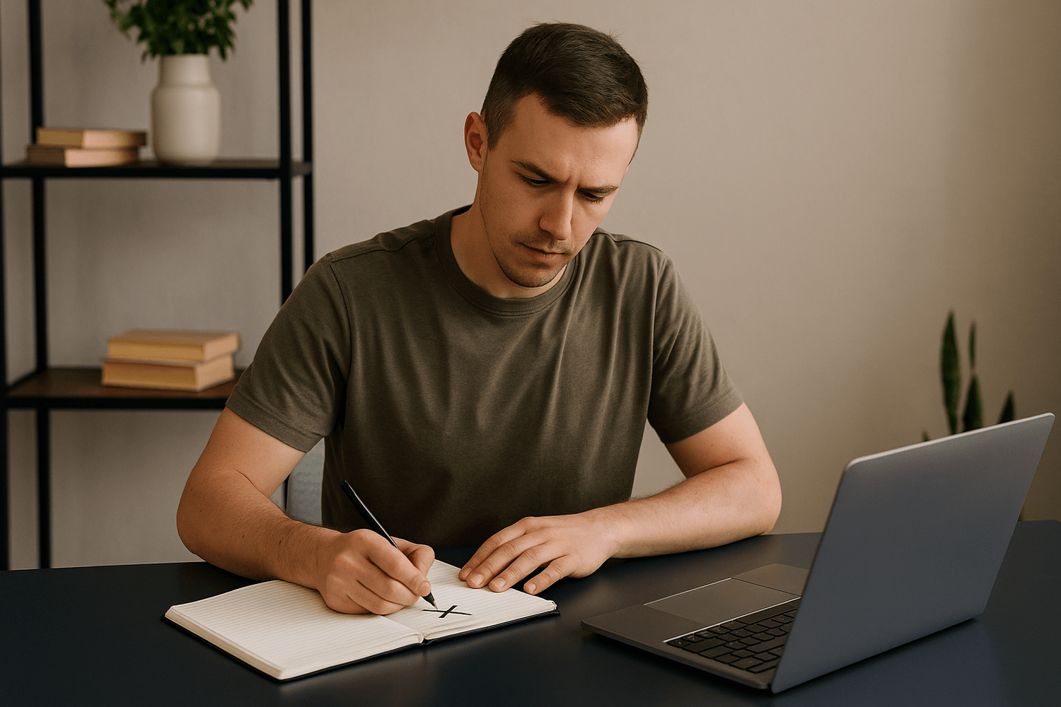 A young man in an olive t-shirt sitting at a desk, focused on writing in a notebook while working on his laptop, representing disciplined money planning and smarter financial decisions for soldiers.