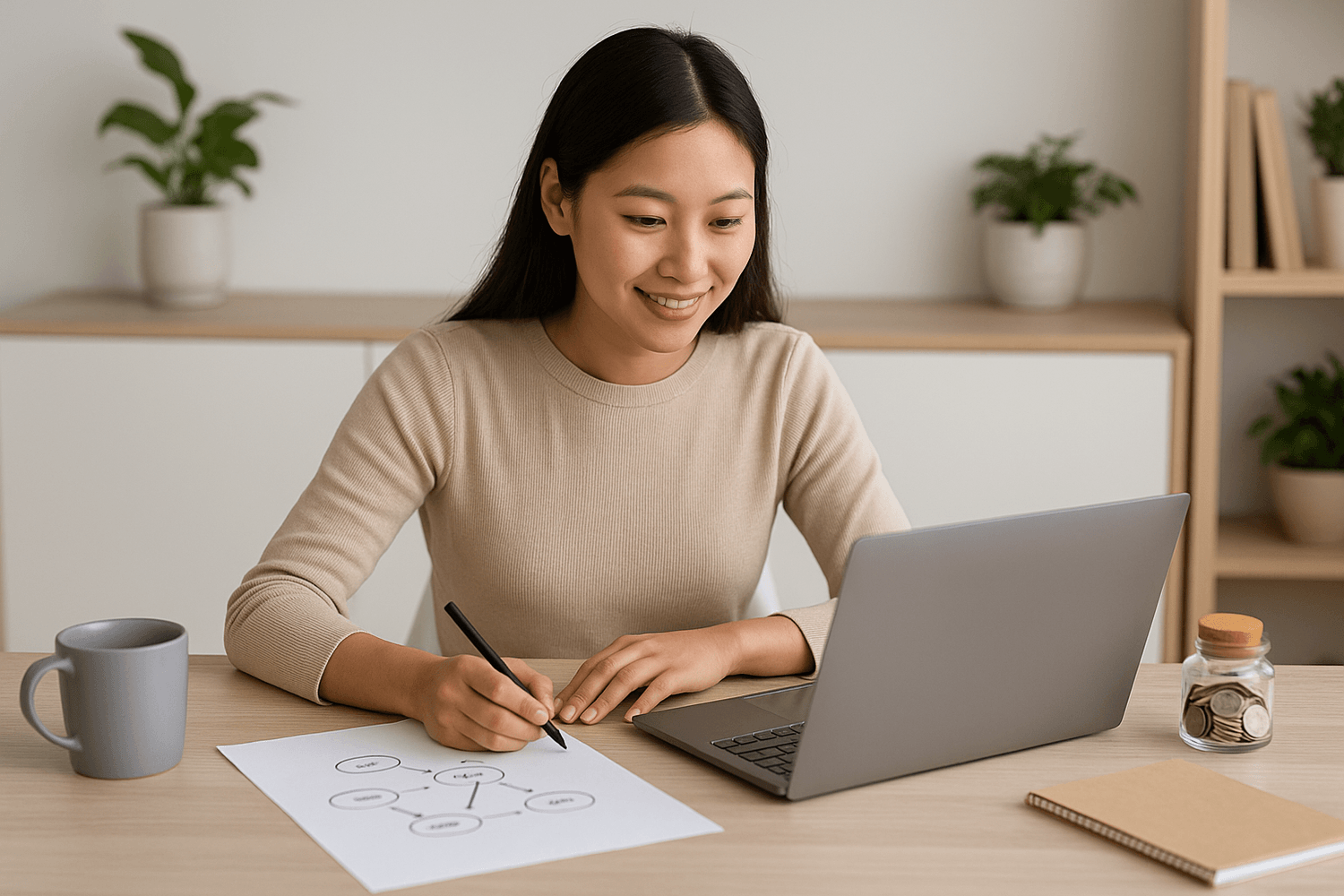 Smiling woman working at a laptop while sketching a planning chart on paper in a bright, modern home office with a jar of coins on the desk.