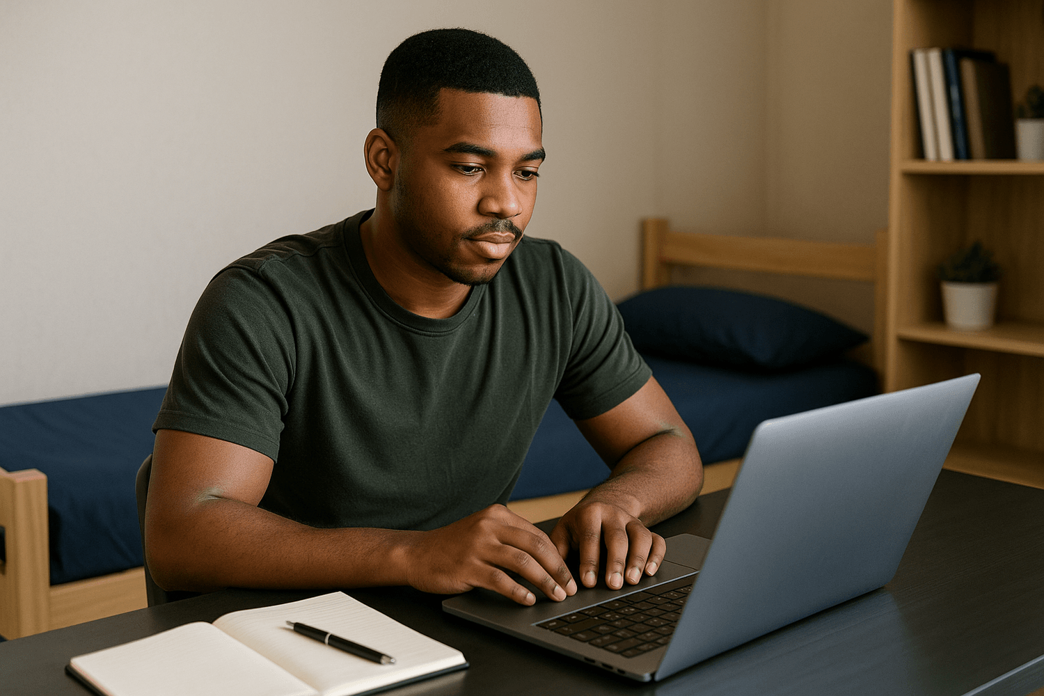 Young male soldier sitting at a desk in the barracks working on a laptop with a notebook beside him, focusing on budgeting and money management.