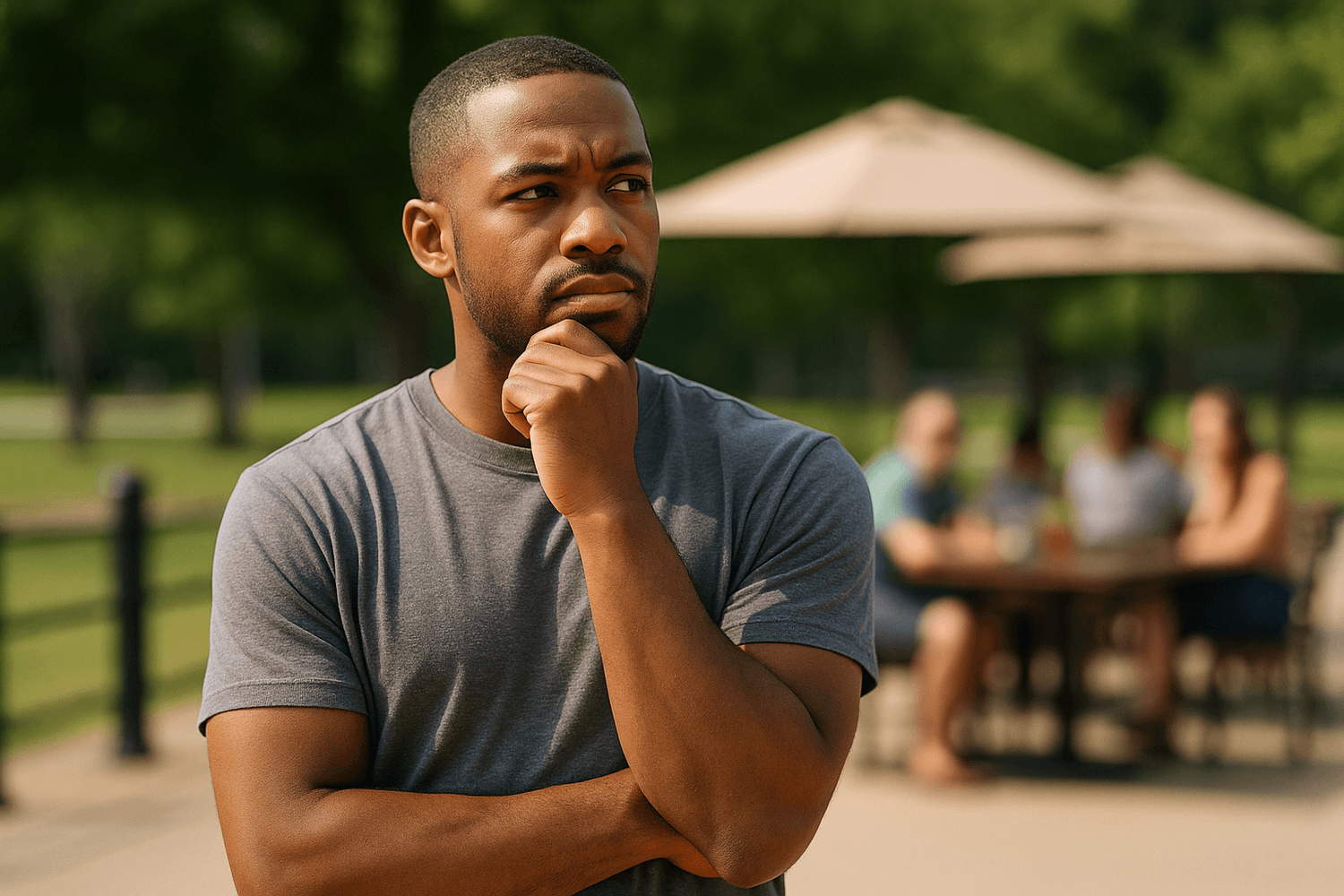 A young man standing outdoors with a thoughtful expression, hand on his chin, reflecting on his financial decisions and future goals.