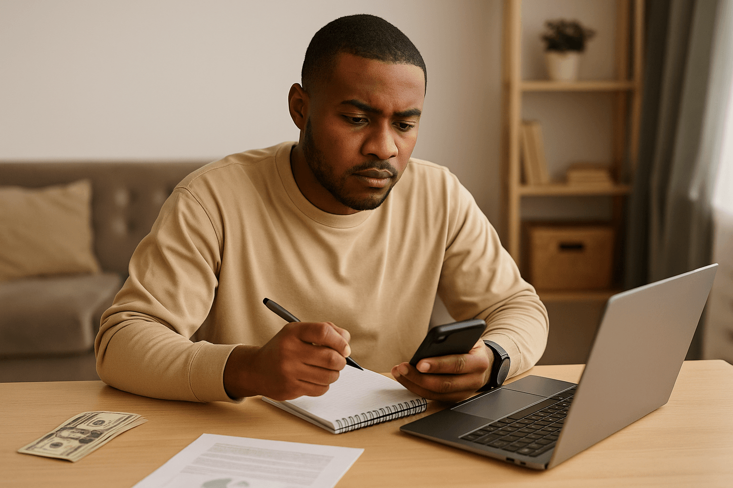 A young man reviewing his budget at home while looking at his phone and taking notes, with cash on the table and a laptop open as he works to get control of his finances.