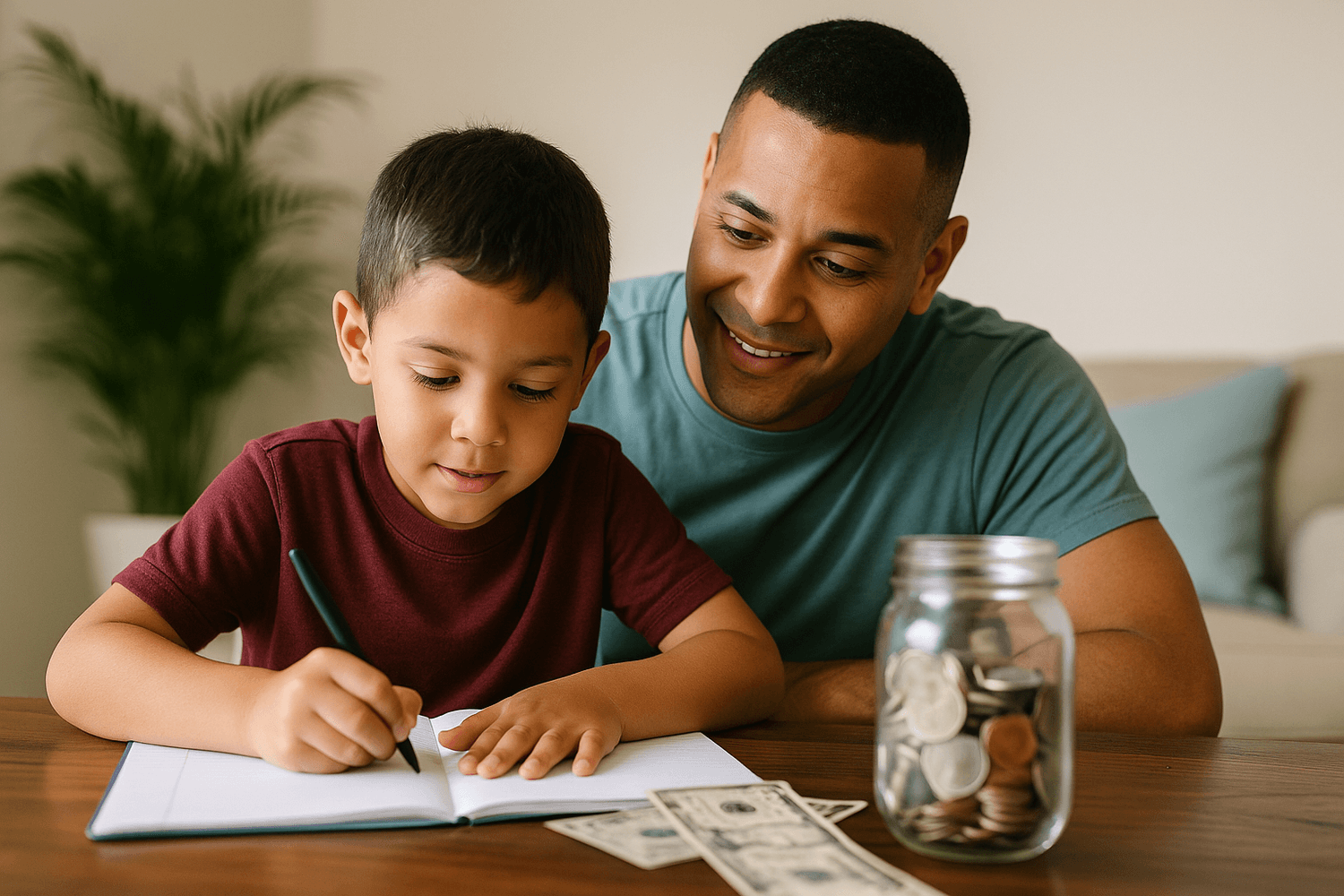 Father teaching young son about saving money with a notebook, dollar bills, and a jar of coins on the table.