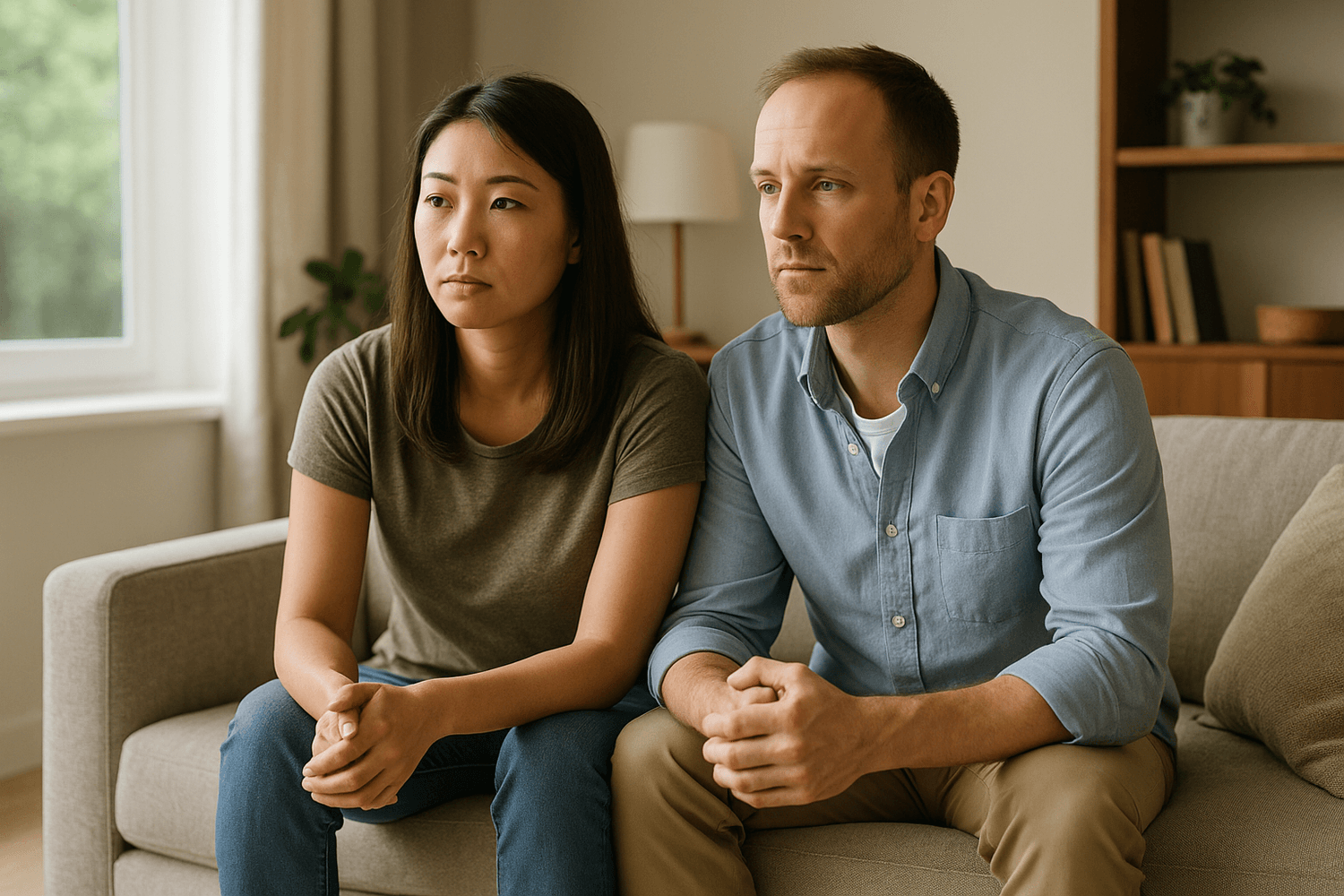 Couple sitting on a couch looking serious while thinking through a financial decision.