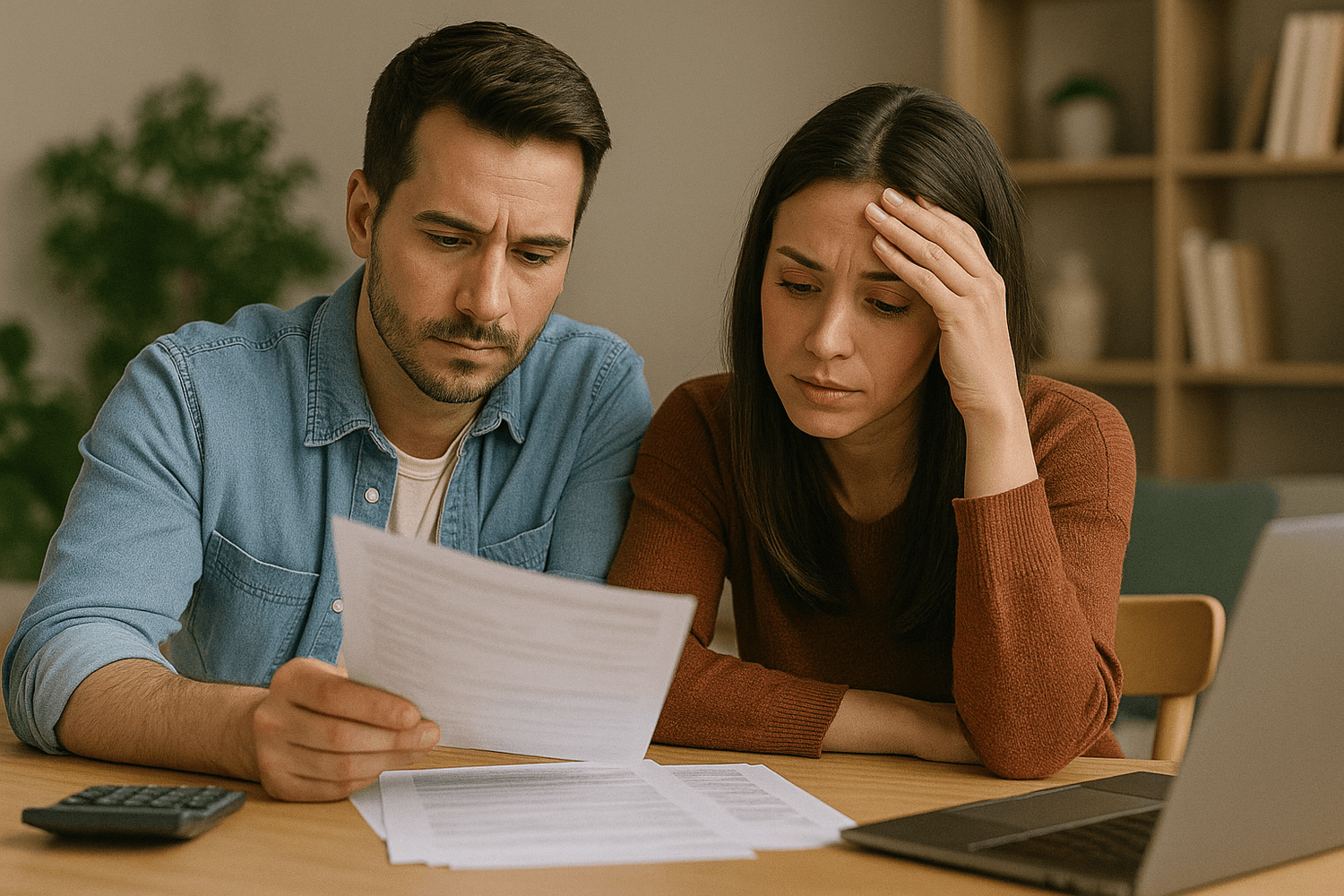 Concerned couple reviewing bills together at the table with a laptop and calculator.